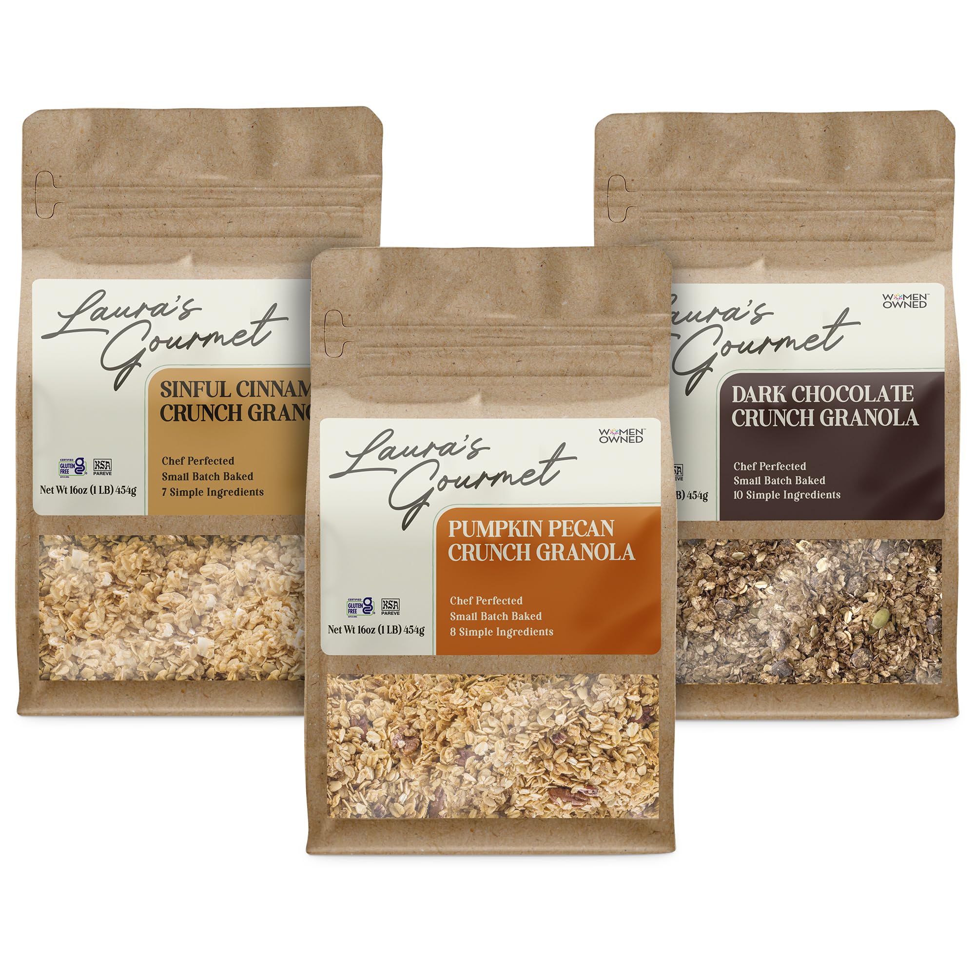 Laura's Gourmet Granola - Fall Faves Variety Pack - Sinful Cinnamon Crunch, Pumpkin Pecan Crunch, Dark Chocolate Crunch