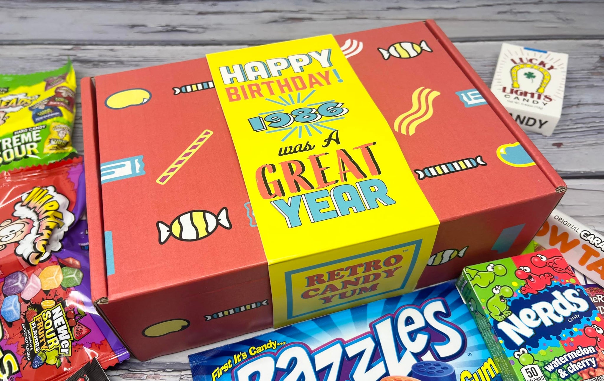 1986 Retro Childhood Candy Gift Basket Box Assortment for 40th Birthday Man or Woman Jr