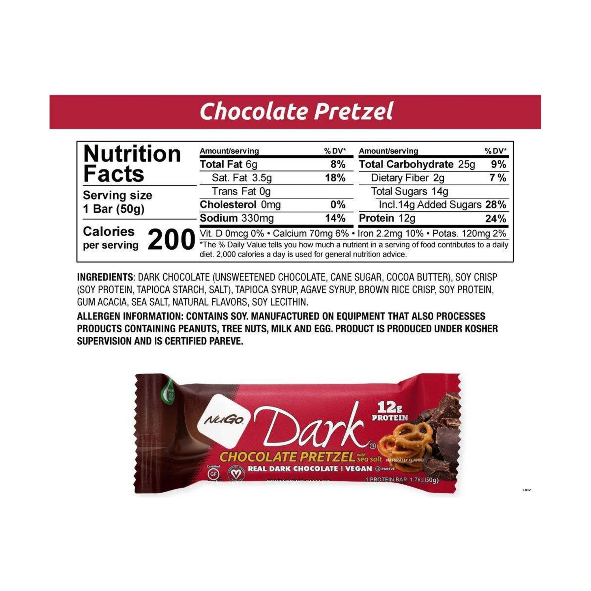NuGo Dark Chocolate Pretzel w/Sea Salt, 12g Protein Bar, Vegan, Gluten Free, Non-GMO, Kosher Pareve, 12 Count