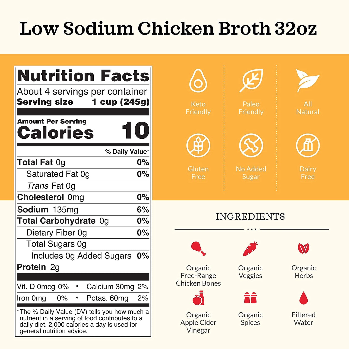 Low Sodium Chicken Broth - Pack of 2 - Organic Cooking Stock, Real Bones Not Powder, Protein, Keto, Paleo, GF, Whole 30 Diet Friendly, Natural Soup