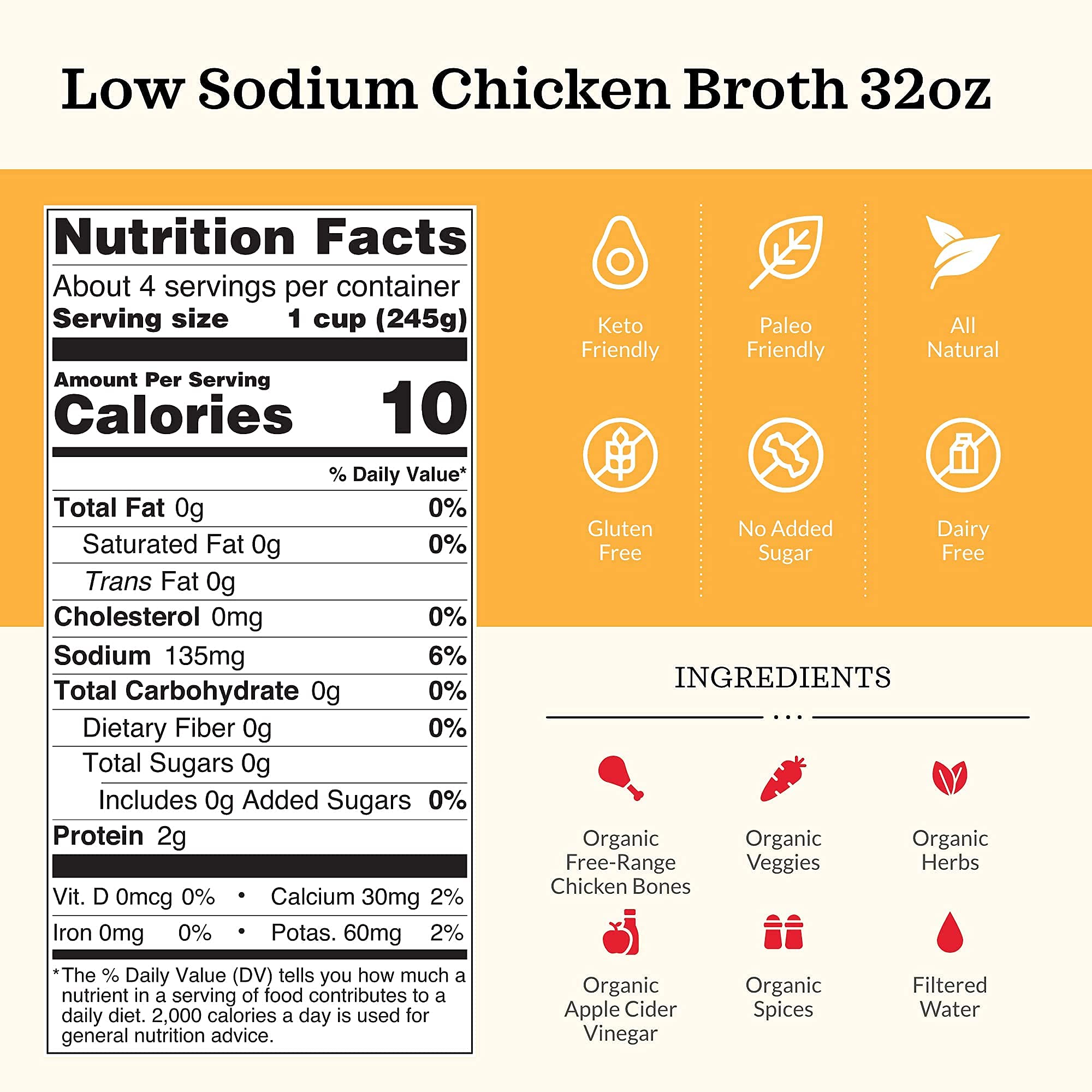 Low Sodium Chicken Broth - Pack of 2 - Organic Cooking Stock, Real Bones Not Powder, Protein, Keto, Paleo, GF, Whole 30 Diet Friendly, Natural Soup