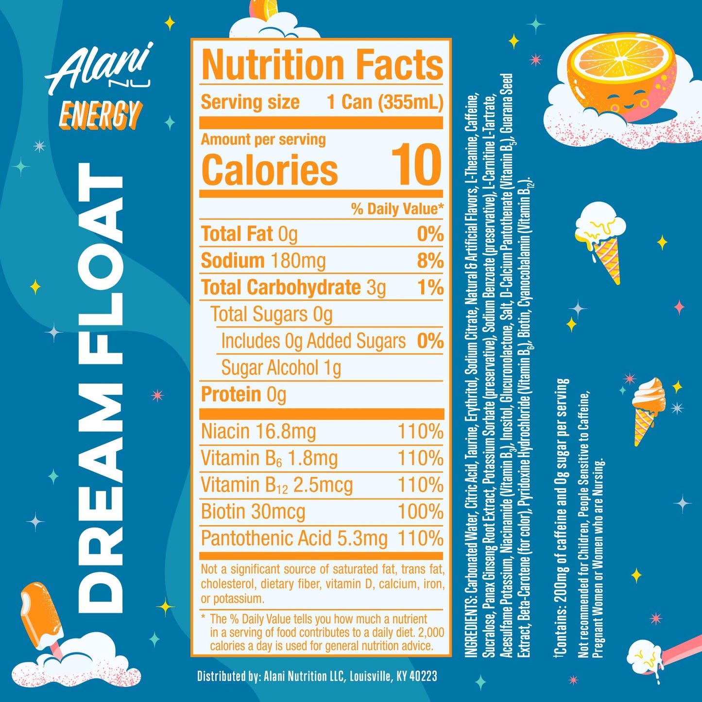 Alani Nu DREAM FLOAT, Sugar Free, Low Calorie Energy Drinks, 200mg Caffeine, Biotin, B Vitamins, Zero Sugar, 10 Calories, 12 Fl Oz Cans, 12 Pack