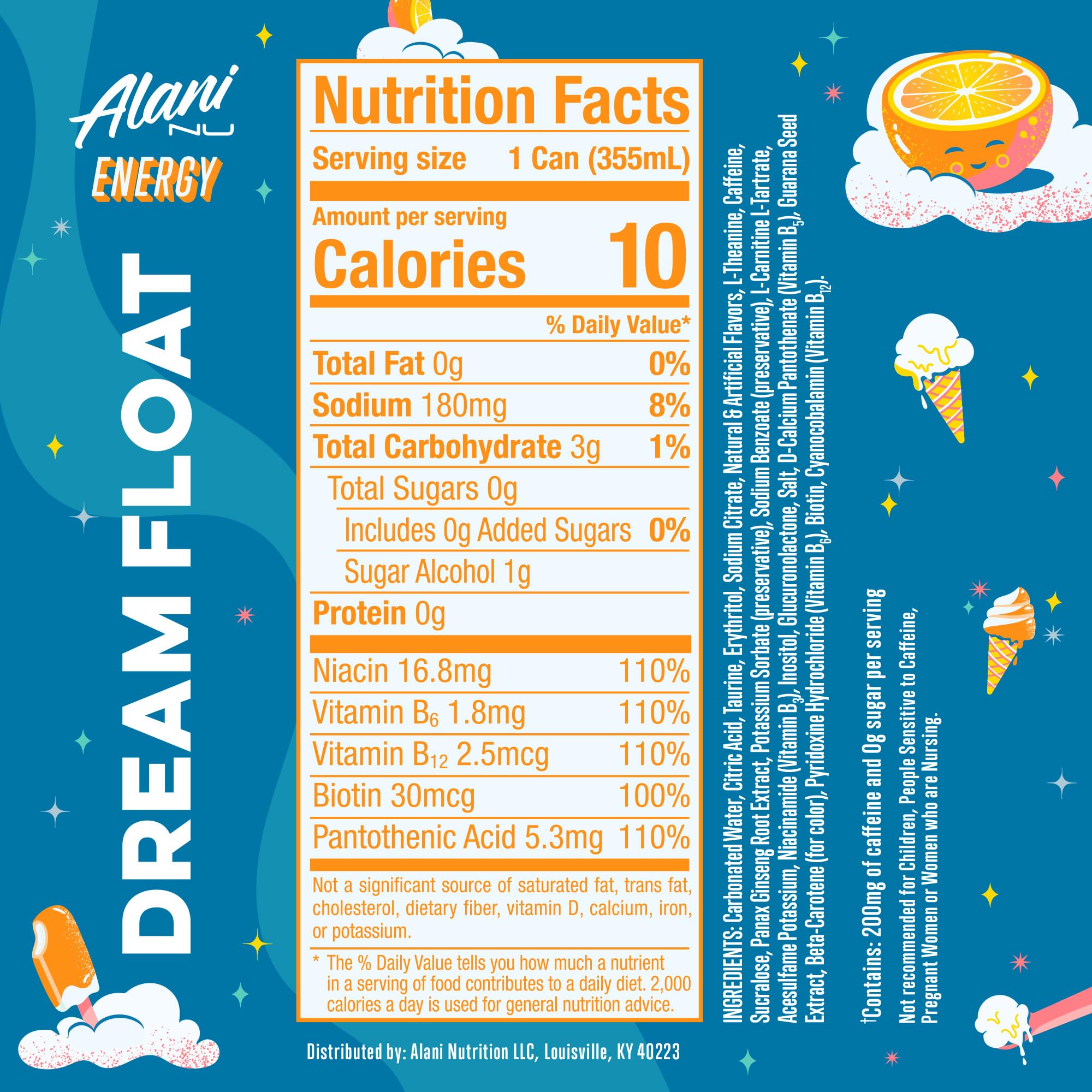 Alani Nu DREAM FLOAT, Sugar Free, Low Calorie Energy Drinks, 200mg Caffeine, Biotin, B Vitamins, Zero Sugar, 10 Calories, 12 Fl Oz Cans, 12 Pack