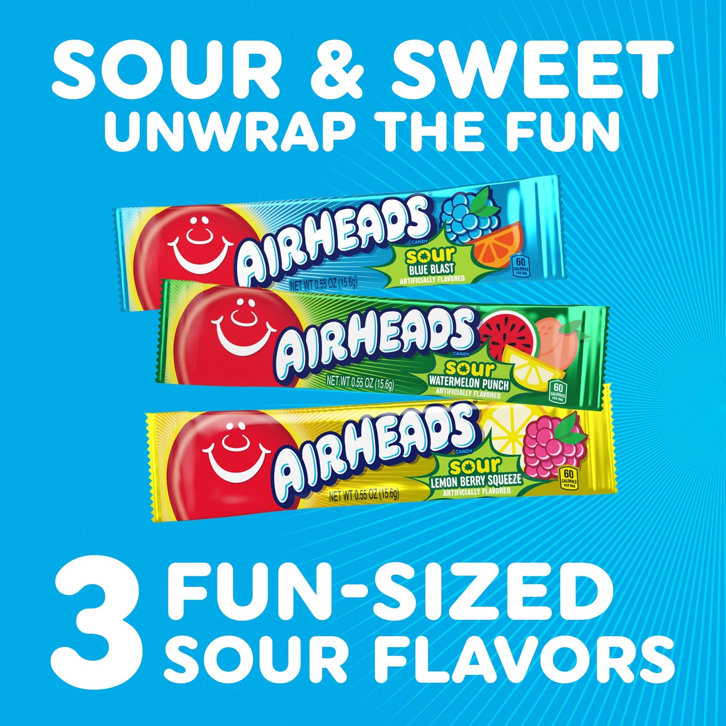 Airheads Sour Full-Size Candy Bars, Taffy Variety Bulk Box, Individually Wrapped Candy, Three Assorted Flavors, 60 Count Box