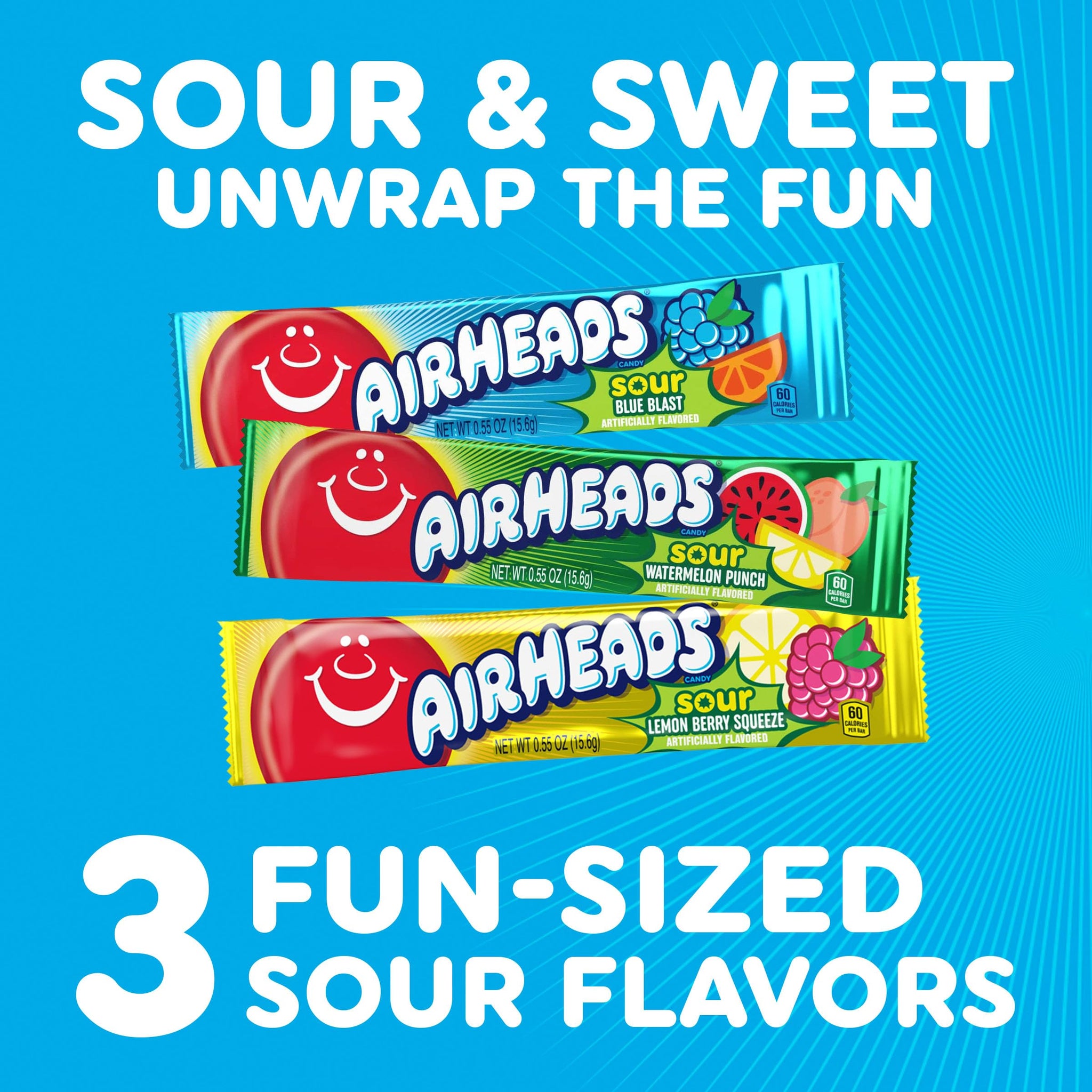 Airheads Sour Full-Size Candy Bars, Taffy Variety Bulk Box, Individually Wrapped Candy, Three Assorted Flavors, 60 Count Box