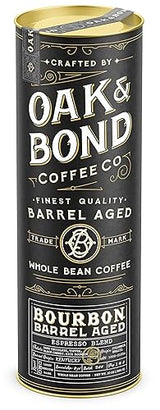 Espresso Bourbon Barrel Aged Coffee, Colombia & Brazil Blend, Whole Bean Arabica, Dark Roast w/Chocolate, Black Cherry, Toffee, Rich Kentucky Bourbon