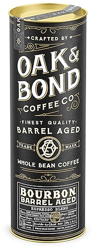 Espresso Bourbon Barrel Aged Coffee, Colombia & Brazil Blend, Whole Bean Arabica, Dark Roast w/Chocolate, Black Cherry, Toffee, Rich Kentucky Bourbon