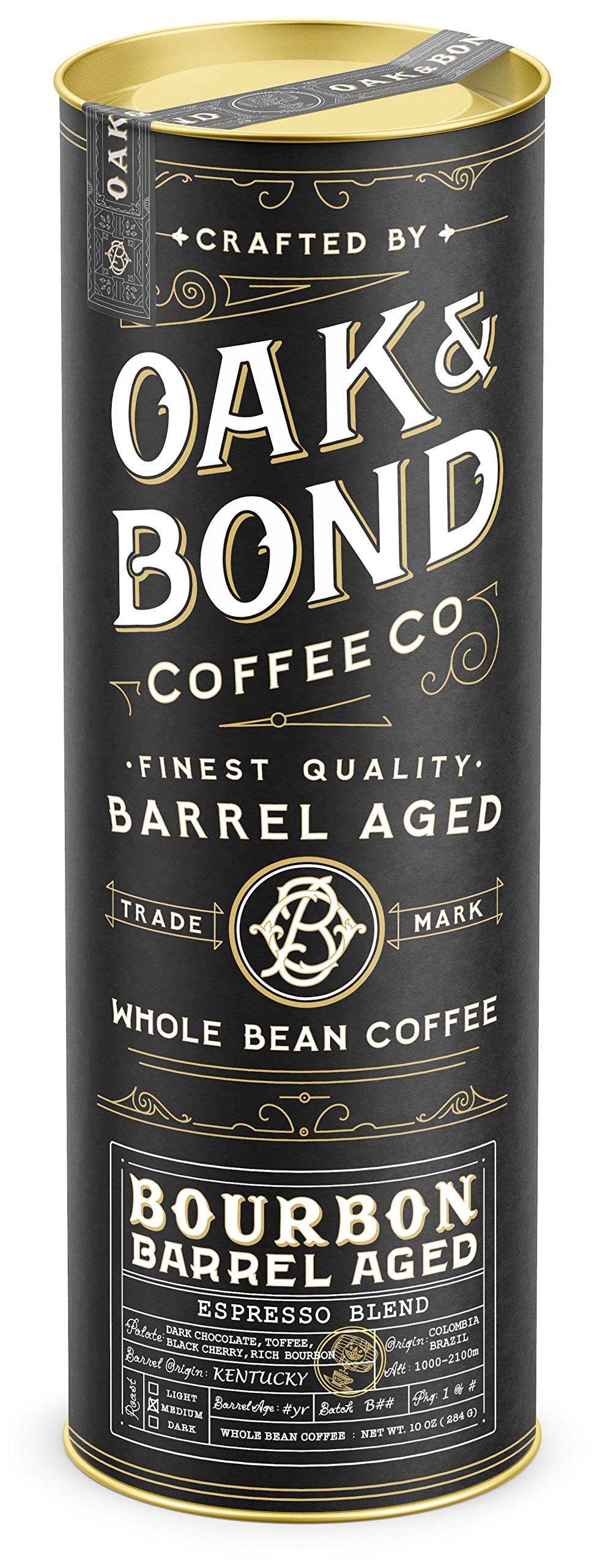 Espresso Bourbon Barrel Aged Coffee, Colombia & Brazil Blend, Whole Bean Arabica, Dark Roast w/Chocolate, Black Cherry, Toffee, Rich Kentucky Bourbon