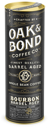 Espresso Bourbon Barrel Aged Coffee, Colombia & Brazil Blend, Whole Bean Arabica, Dark Roast w/Chocolate, Black Cherry, Toffee, Rich Kentucky Bourbon