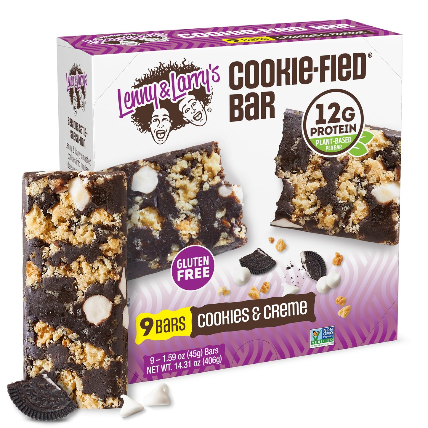 Lenny & Larry's Cookie-fied Protein Bar - Cookies & Creme Vegan Protein Bars 9x45g - Healthy Snacks with 12g Plant Protein & 5g Fiber - Gluten Free