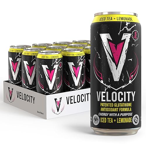 Velocity Iced Tea + Lemonade Energy Drink with Patented Glutathione Antioxidant Formula, Non-Carbonated, Zero Sugar, Keto, 12 Pack (16 oz Cans)
