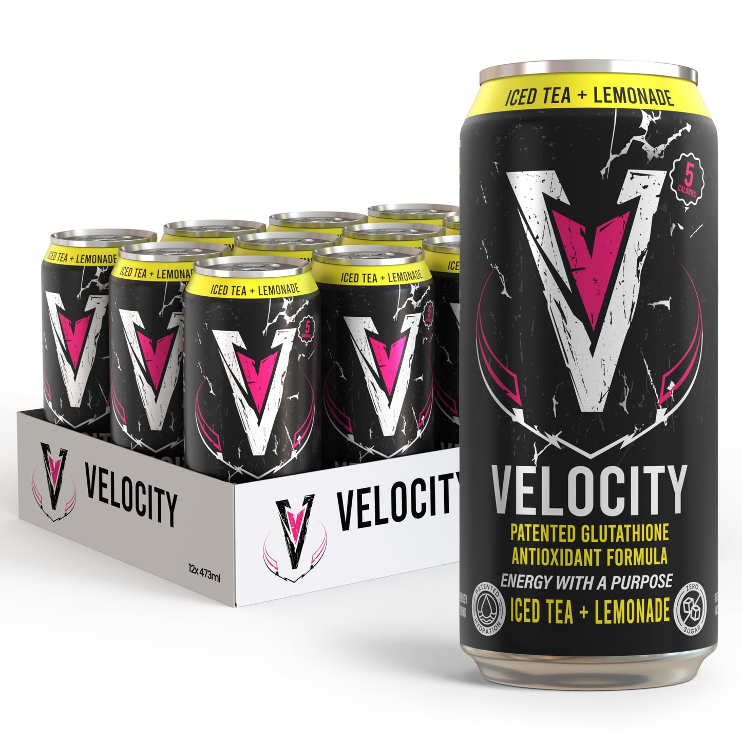 Velocity Iced Tea + Lemonade Energy Drink with Patented Glutathione Antioxidant Formula, Non-Carbonated, Zero Sugar, Keto, 12 Pack (16 oz Cans)