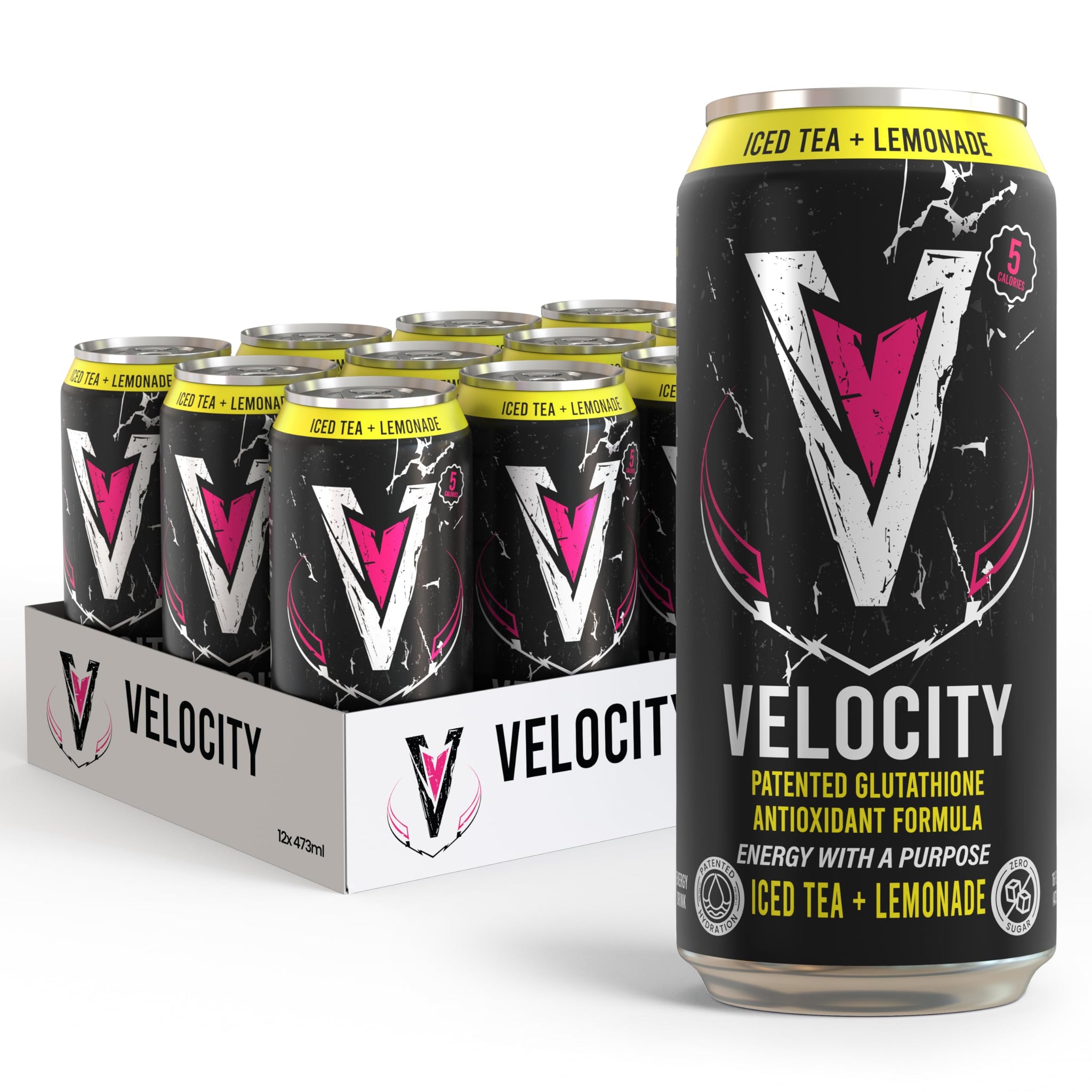 Velocity Iced Tea + Lemonade Energy Drink with Patented Glutathione Antioxidant Formula, Non-Carbonated, Zero Sugar, Keto, 12 Pack (16 oz Cans)