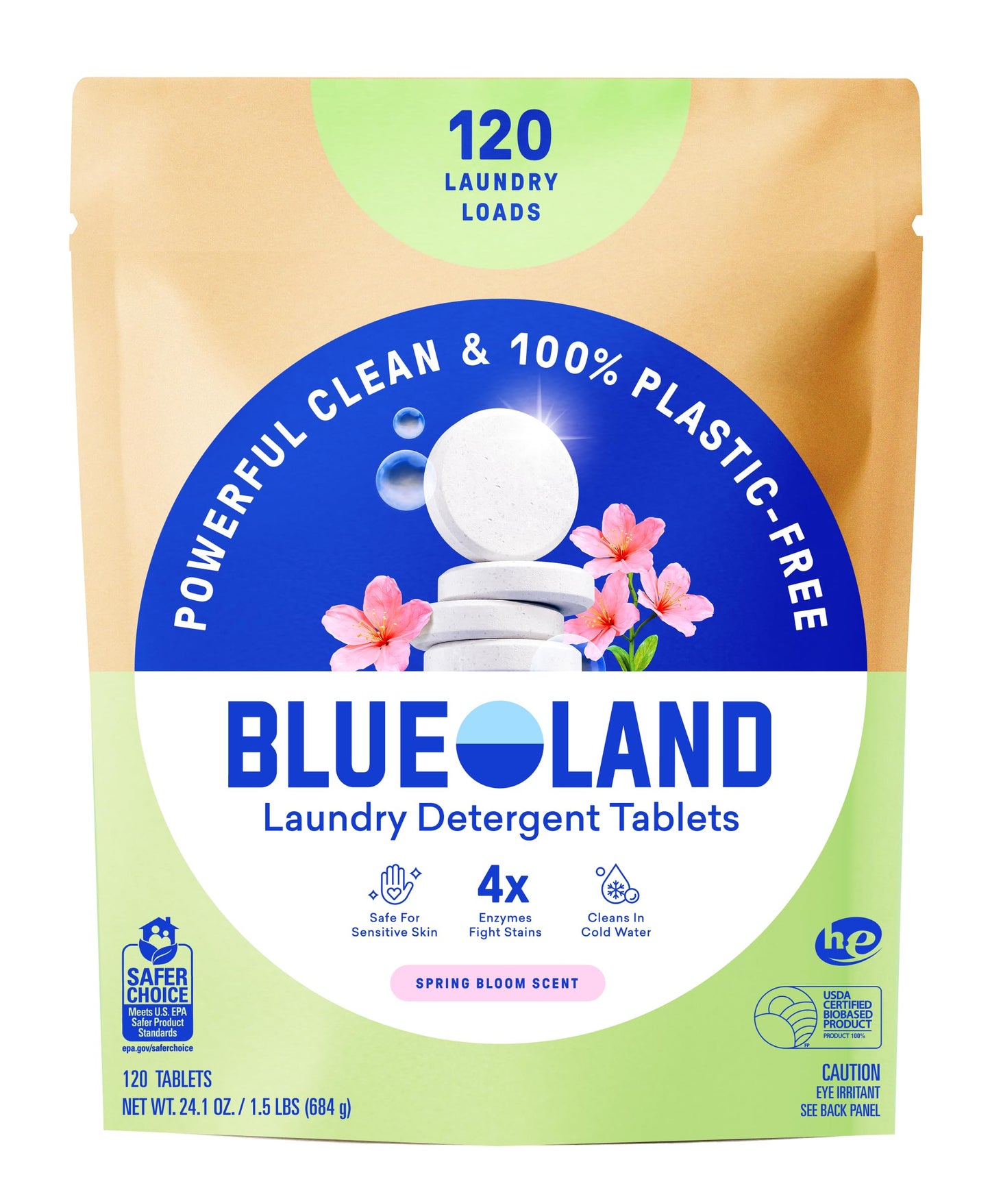 BLUELAND Laundry Detergent Tablets, 120 Count, Spring Bloom Scent, Plastic-Free Eco-Friendly Pods, Sheets, Liquid Alternative - Safe for Sensitive