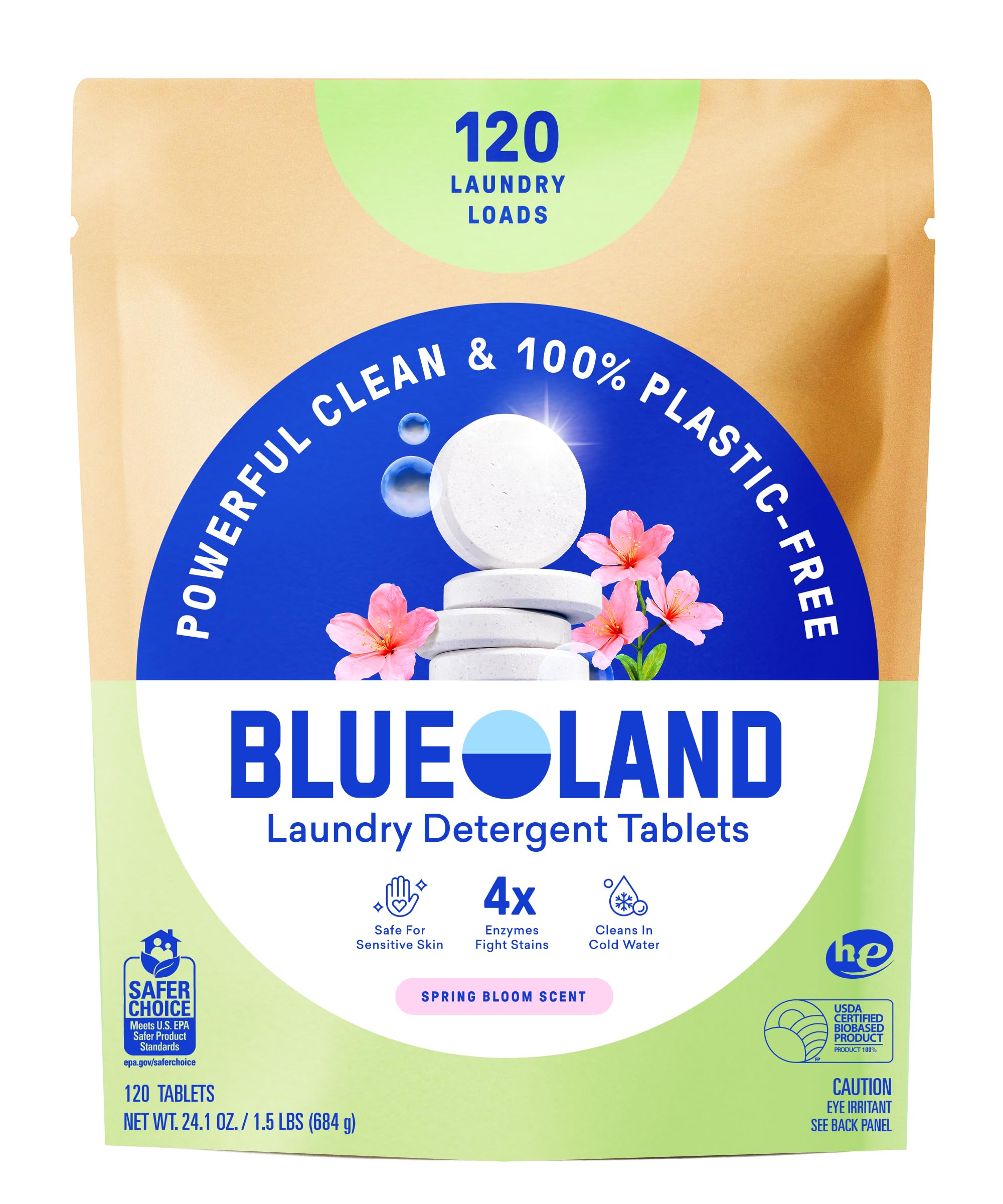 BLUELAND Laundry Detergent Tablets, 120 Count, Spring Bloom Scent, Plastic-Free Eco-Friendly Pods, Sheets, Liquid Alternative - Safe for Sensitive