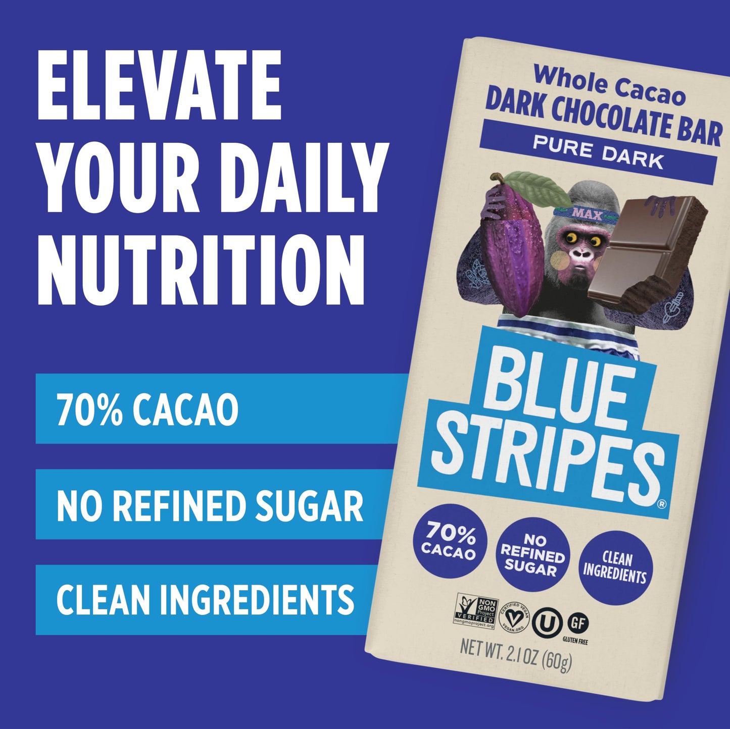 Blue Stripes - Pure Dark Whole Cacao Chocolate Bars, 70% Cacao Bar, Healthy Chocolate, Vegan, No Refined Sugar, Non GMO, Gluten Free, 2.1 OZ