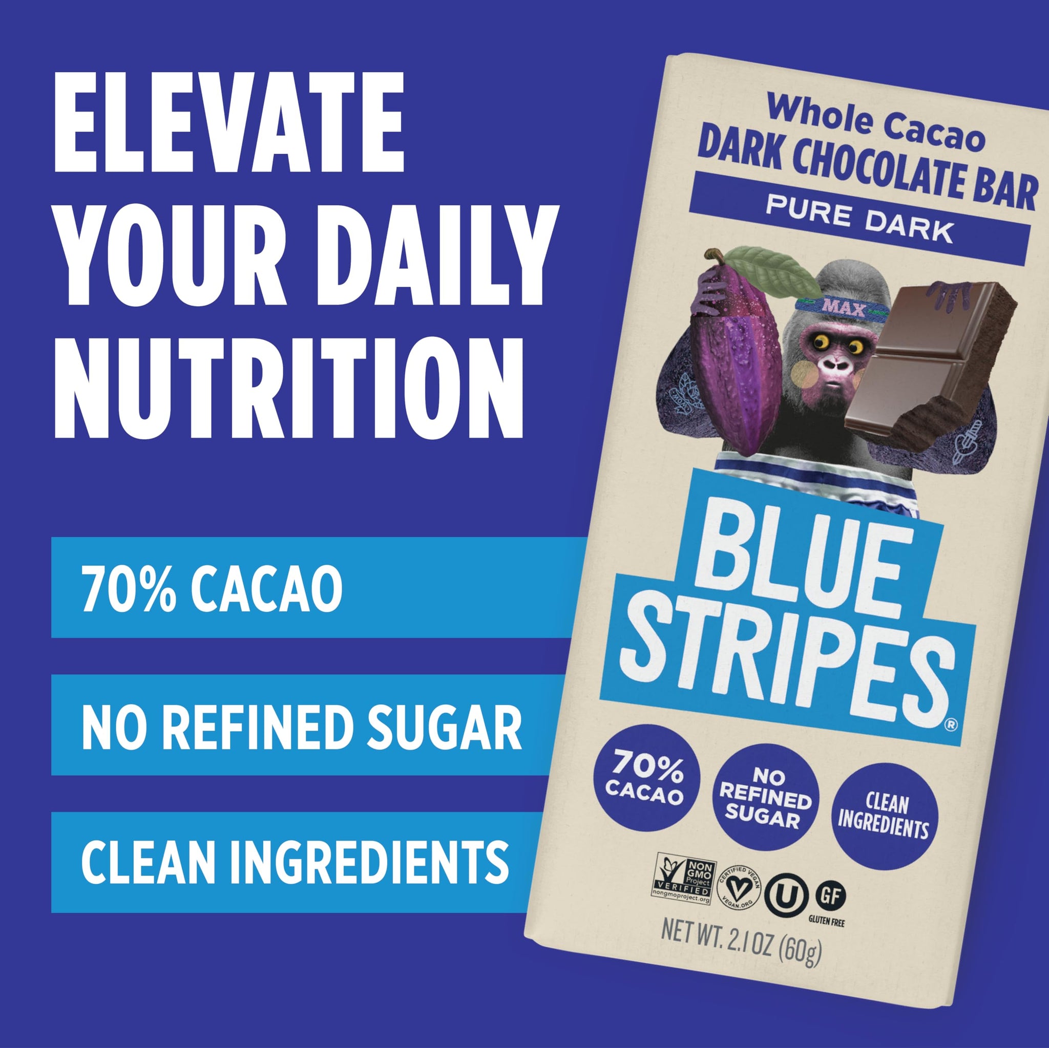 Blue Stripes - Pure Dark Whole Cacao Chocolate Bars, 70% Cacao Bar, Healthy Chocolate, Vegan, No Refined Sugar, Non GMO, Gluten Free, 2.1 OZ