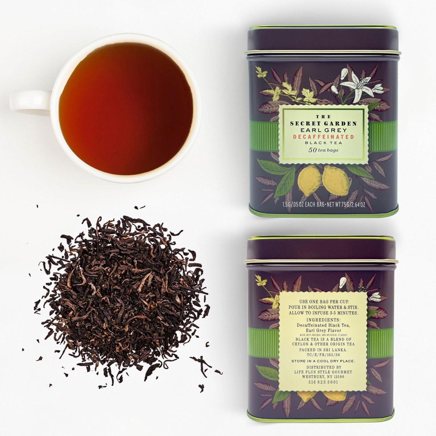 Premium Earl Grey Bergamot Decaf Tea Bags 50 Pack Designer Tin, Crafted in Sri Lanka, Naturally Decaffeinated Herbal Teabags Full Bodied Flavor, Keto