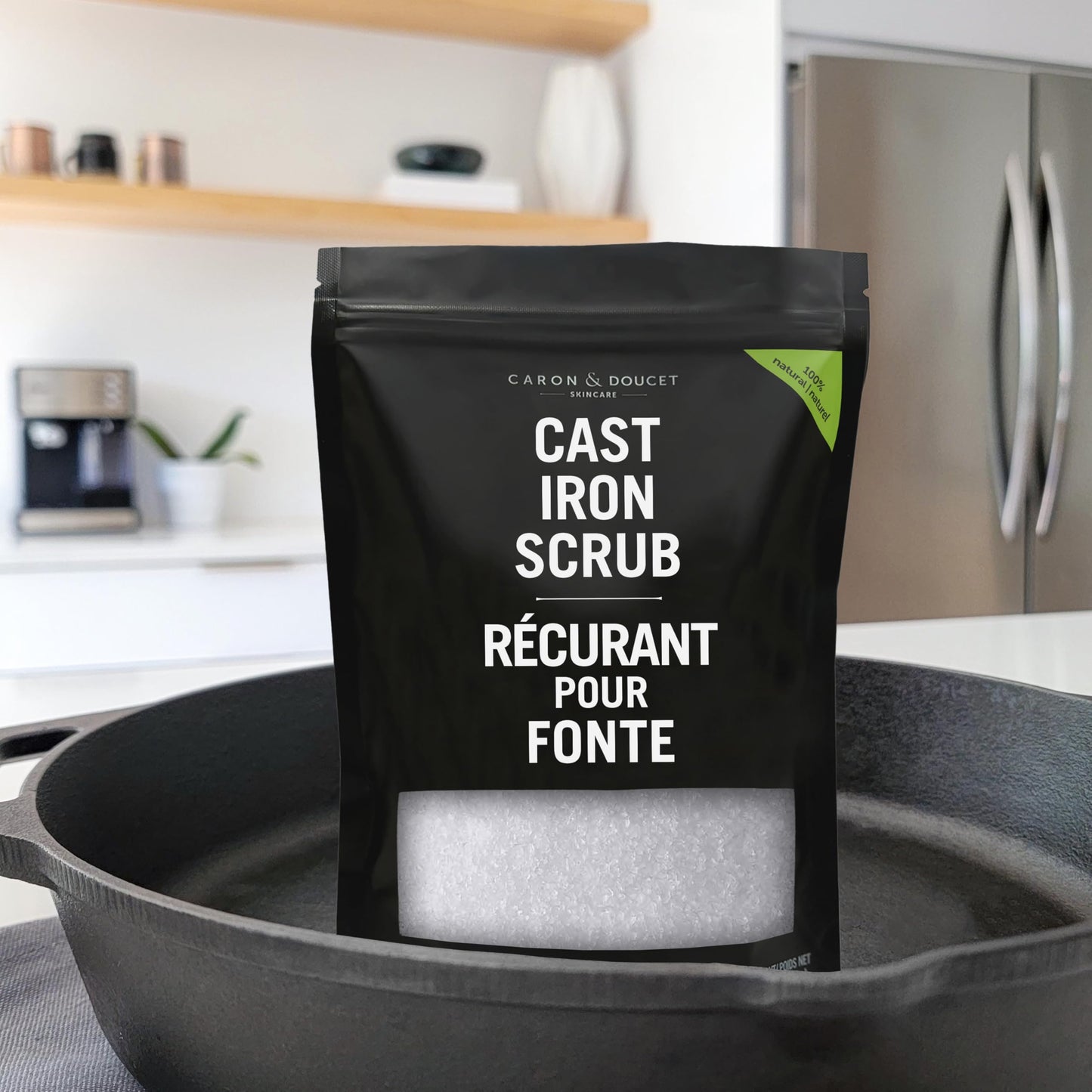 CARON & DOUCET - Cast Iron Care Seasoning Bundle - CastIron Oil & Cast Iron Scrub - 100% Plant Based Formulation - Helps Maintain Seasoning on All