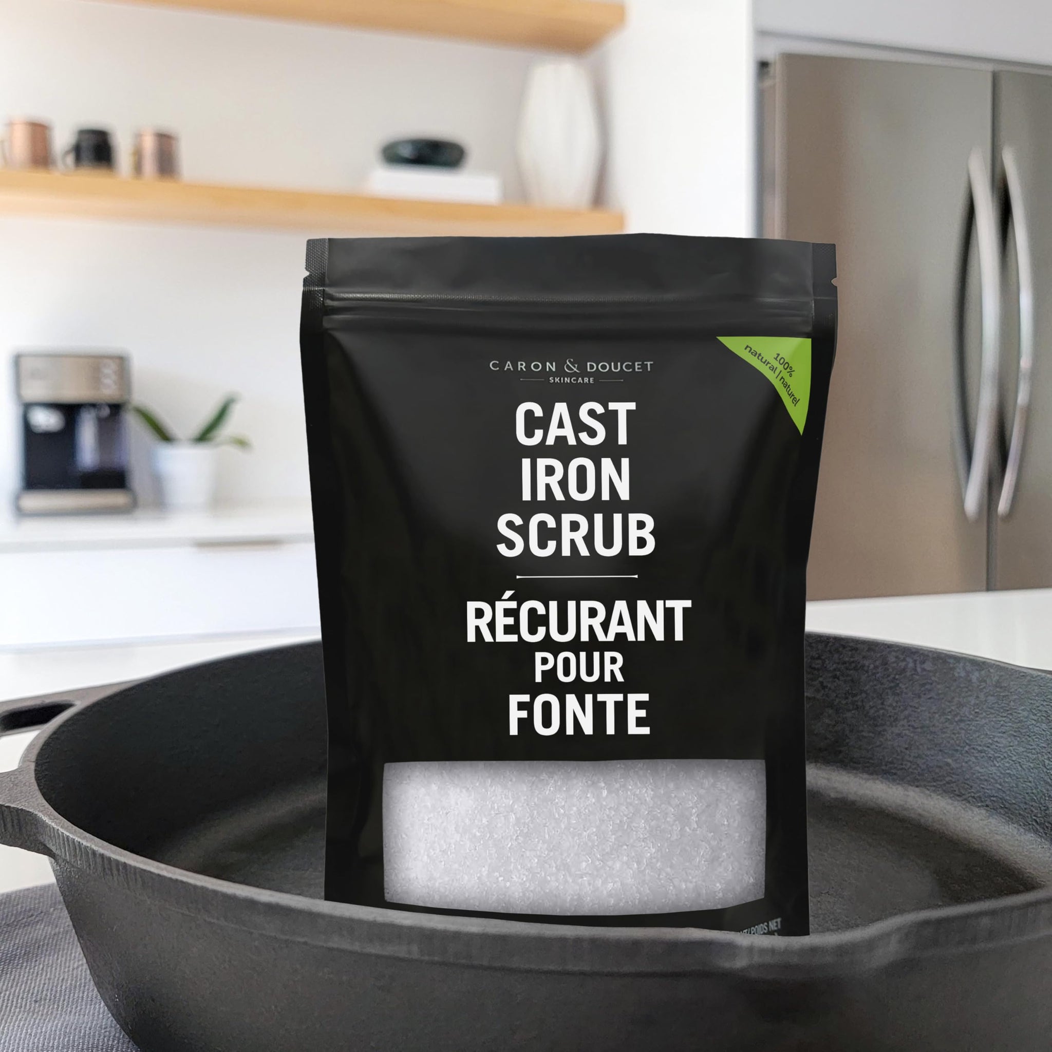 CARON & DOUCET - Cast Iron Care Seasoning Bundle - CastIron Oil & Cast Iron Scrub - 100% Plant Based Formulation - Helps Maintain Seasoning on All