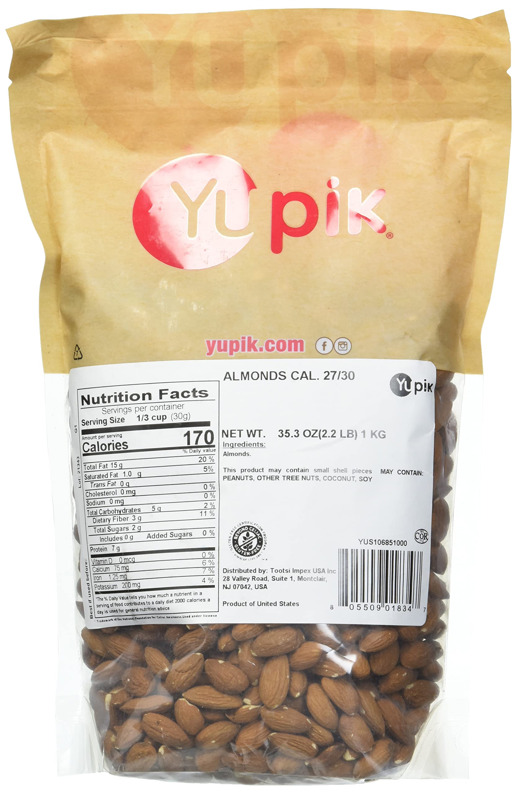 Yupik California Raw Almonds, Small Size, 2.2 lb, Gluten-Free, Kosher, Salt-Free, Source Of Protein, Fiber, Iron & Calcium, Healthy Snack, Pack of 1