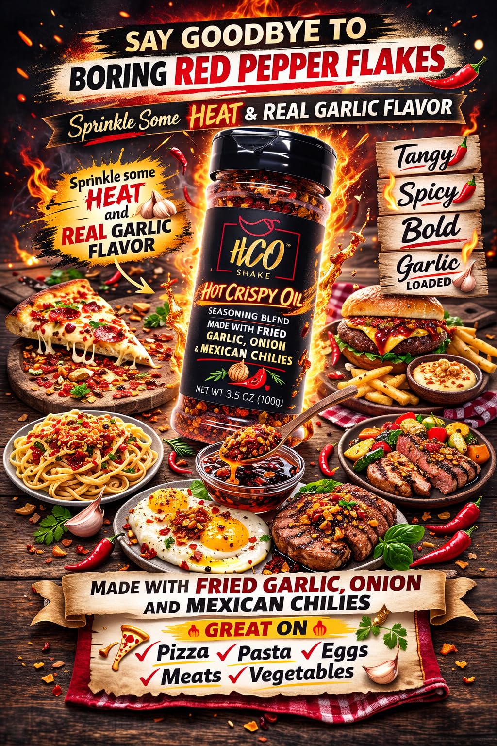 HCO Shake by Hot Crispy Oil | Say Good-Bye to Boring Red Pepper Flakes! An All-Purpose Seasoning Blend of Crisp Garlic, Onion, Chili Pepper Flakes