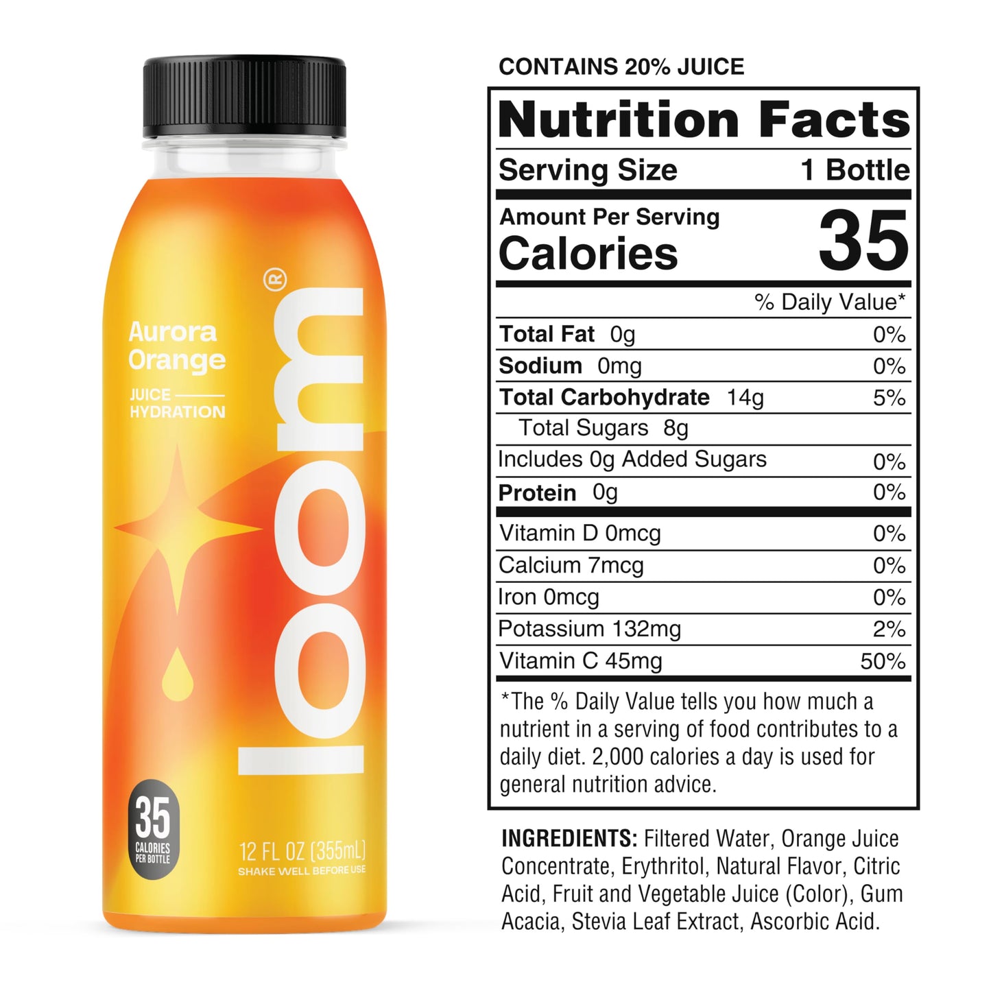 Aurora Orange Juice Drinks by Loom, Low Sugar Juice, Real Fruit, No Added Sugar, Healthy Hydration, 30 Calories, Non-GMO, 12 oz bottles, 12 pack