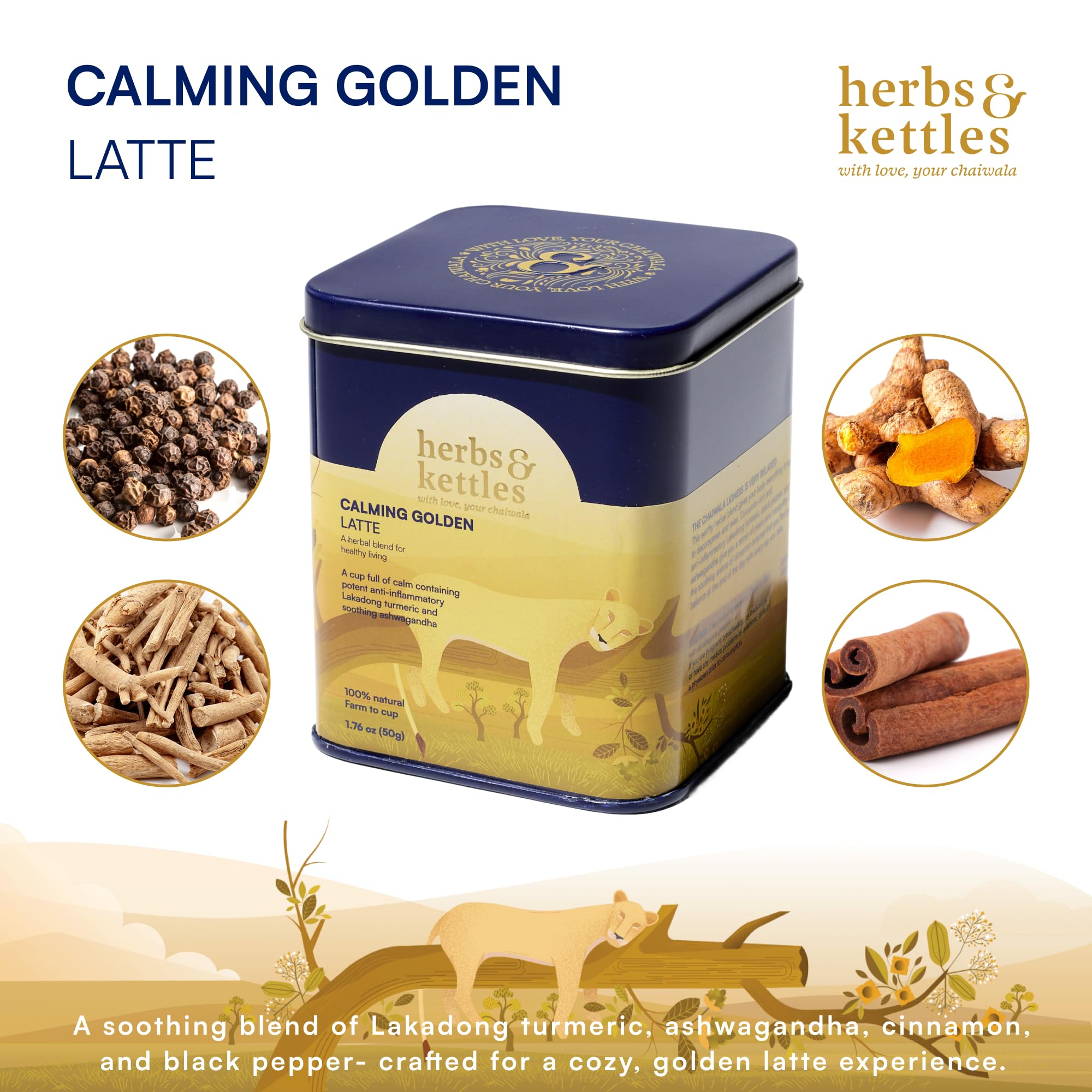 Herbs & Kettles Calming Golden Turmeric Latte | Caffeine-Free Blend with Turmeric, Ashwagandha & Spices | 25-30 servings | Ayurvedic Drink
