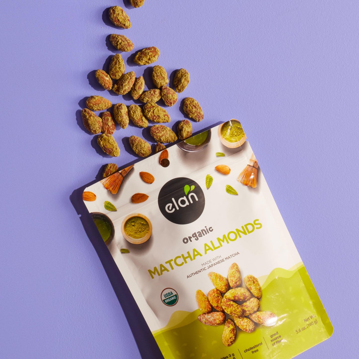 Elan Organic Matcha Almonds, 5.6 oz, Non-GMO, Gluten-Free, Vegan, Kosher, Superfood Infused Nuts (Roasted Almonds, Coconut, Matcha Green Tea Powder)