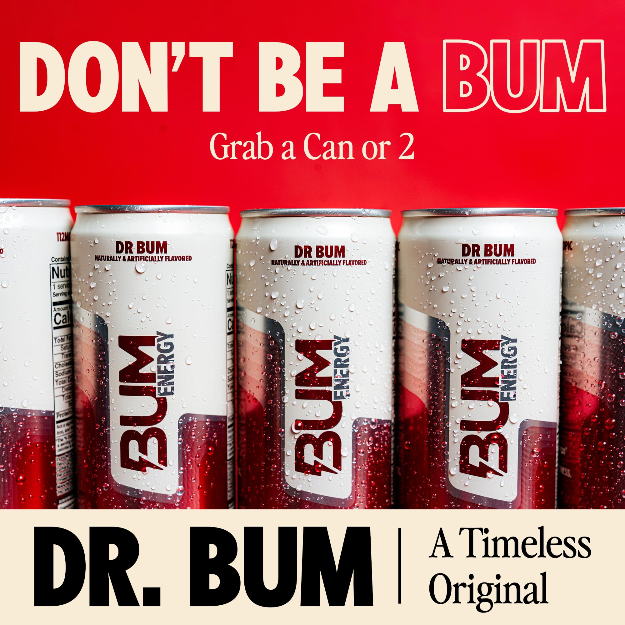 BUM Sugar-Free Energy Drink, Dr BUM - Lightly Carbonated & No Artificial Colors, Natural Caffeine & Citicoline for Energy & Focus, Brain Boost
