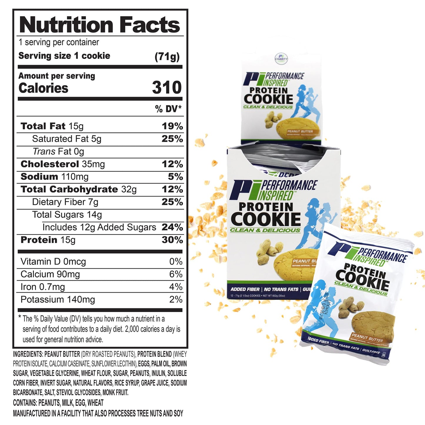 Performance Inspired Nutrition Mixed Protein Cookie Box - 12 Pack - 6 Chocolate Chip & 6 Peanut Butter - 15G Protein, 6-7G Fiber - All-Natural, No