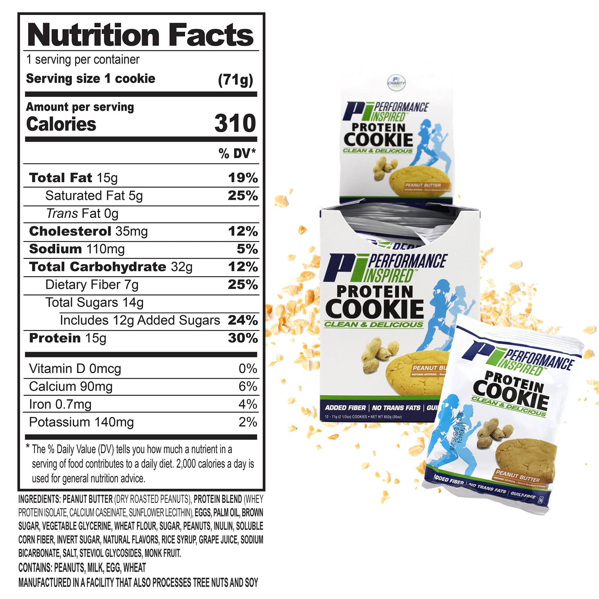 Performance Inspired Nutrition Mixed Protein Cookie Box - 12 Pack - 6 Chocolate Chip & 6 Peanut Butter - 15G Protein, 6-7G Fiber - All-Natural, No