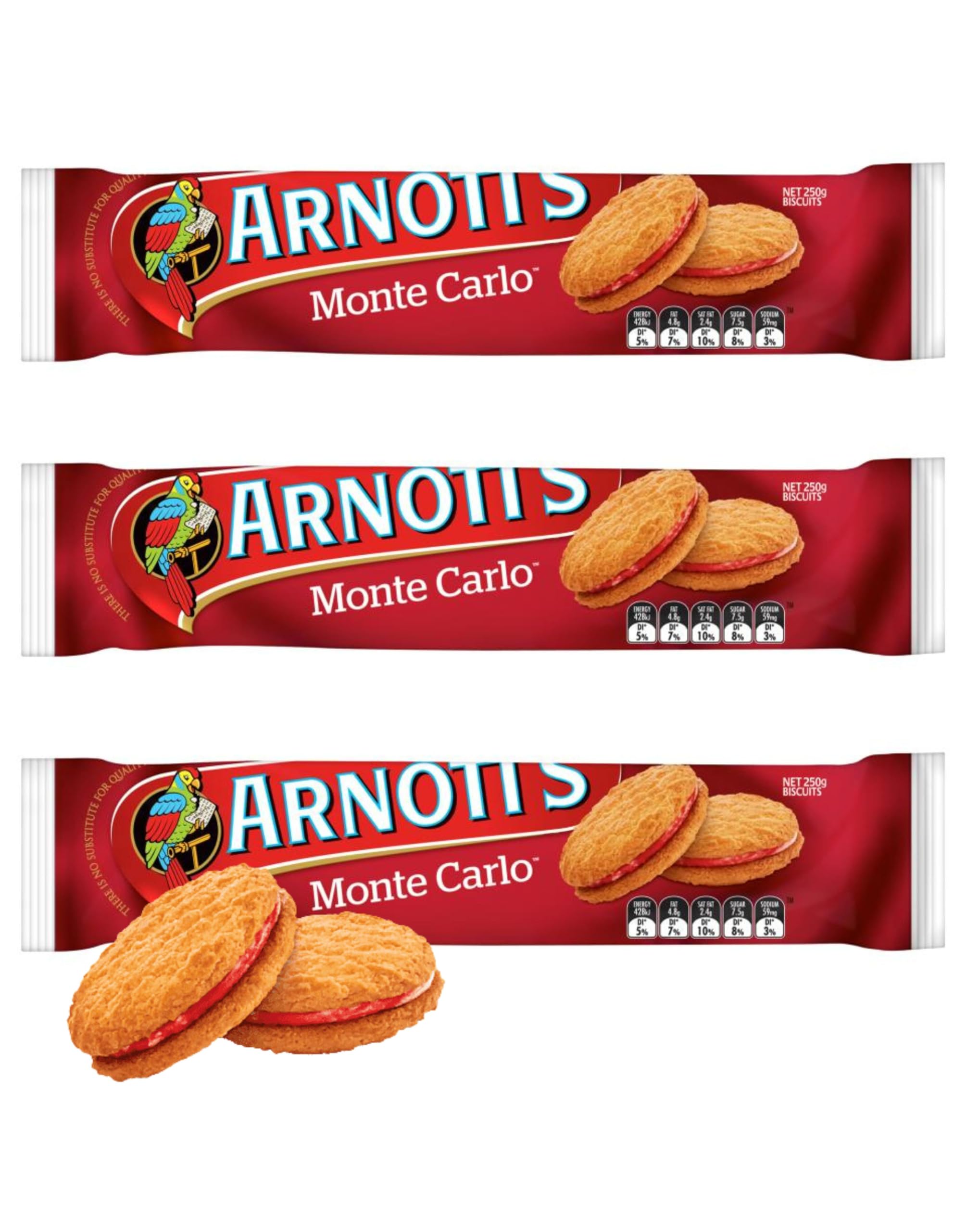 ARNOTT'S Family Favourites Monte Carlo Jam & Cream Biscuits (3 Pack x 250g Ea) Monte Carlo biscuits, A perfectly sweet biscuit treat made to twist