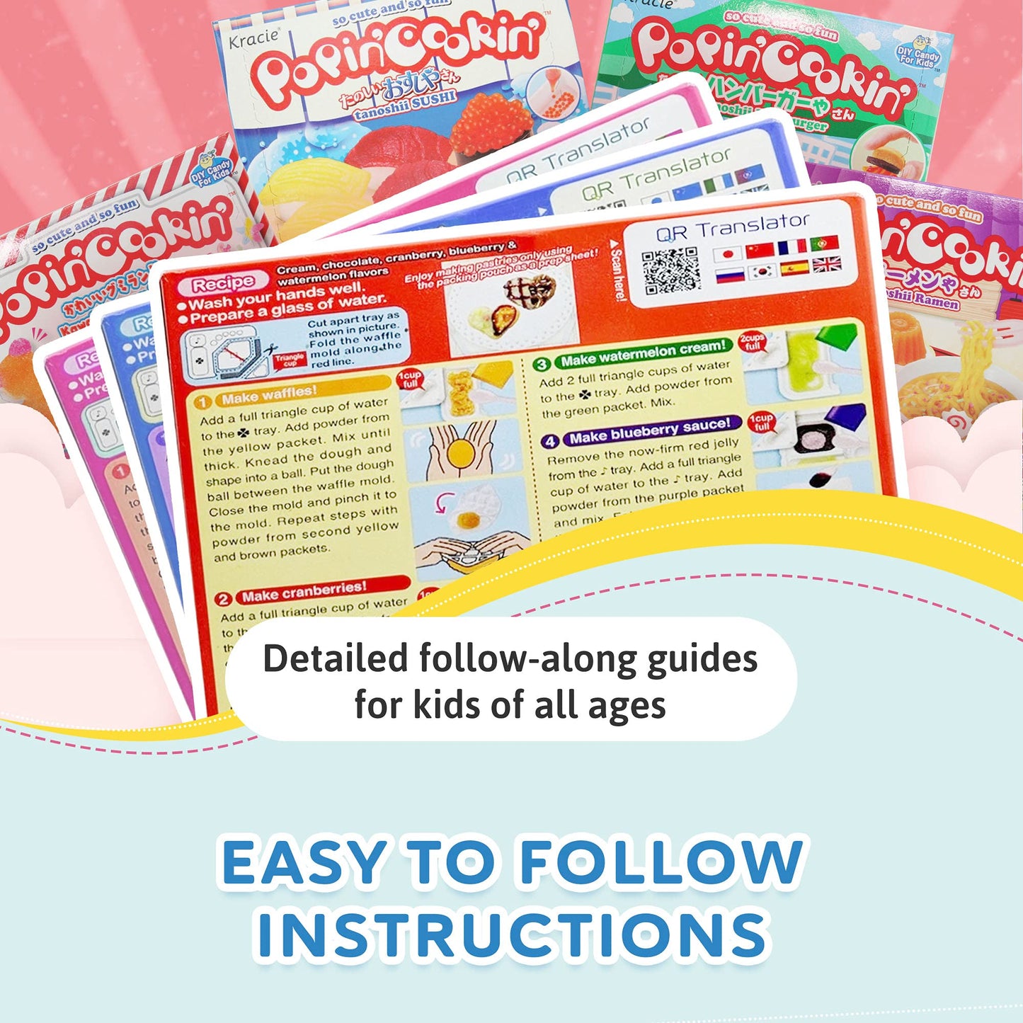K-Munchies Kracie Popin Cookin Kits - 4 Pack Assorted Japanese Candy Making Kit Bundle - DIY Ramen, Hamburger, Gummi Land, Sushi Candy Poppin Cookin