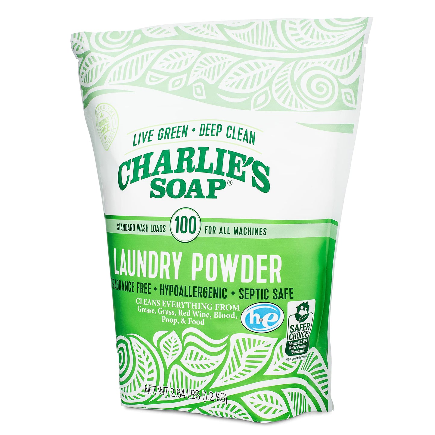 Charlie's Soap - Fragrance Free Laundry Powder - 100 Loads (Five 100-load Bags, 500 Total Loads)
