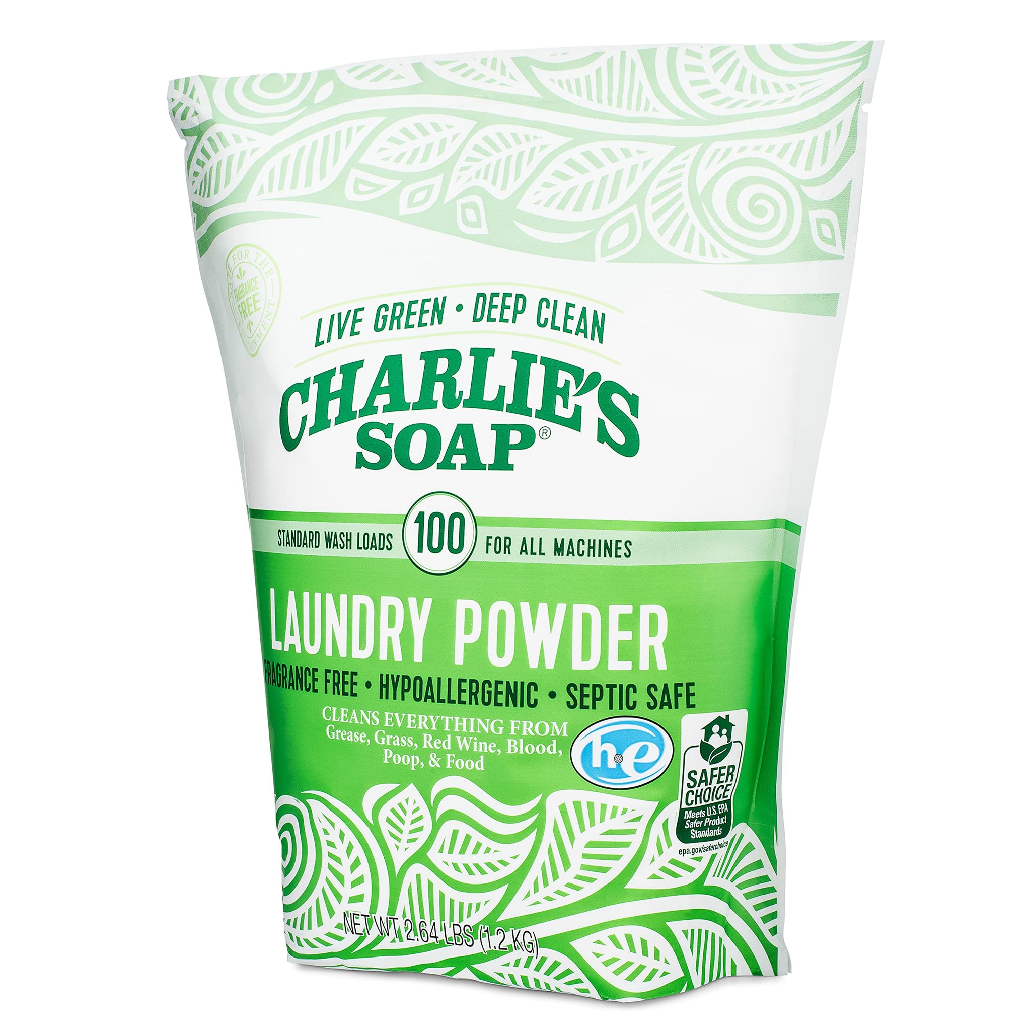 Charlie's Soap - Fragrance Free Laundry Powder - 100 Loads (Five 100-load Bags, 500 Total Loads)