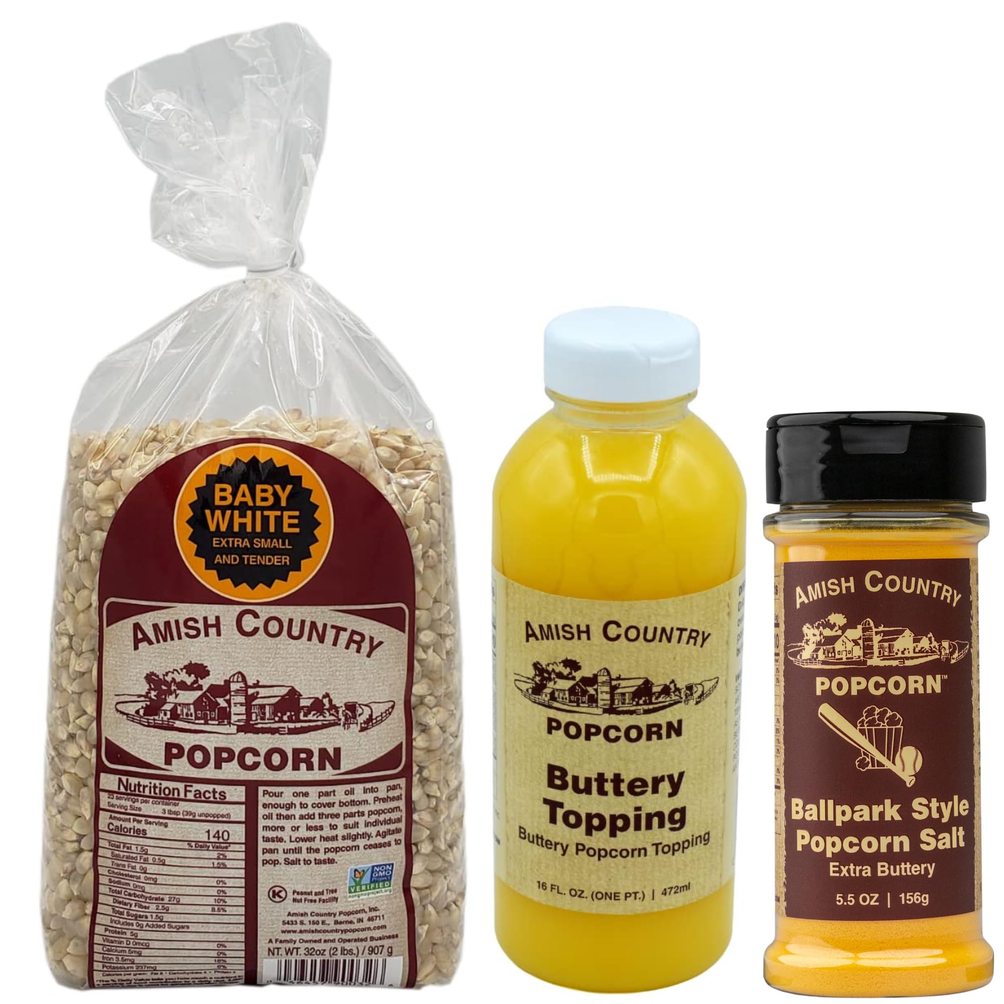 Amish Country Popcorn | 2 lb Bag | Baby White Popcorn Kernels with Buttery Topping & ButterSalt | Old Fashioned, GMO Free and Gluten Free