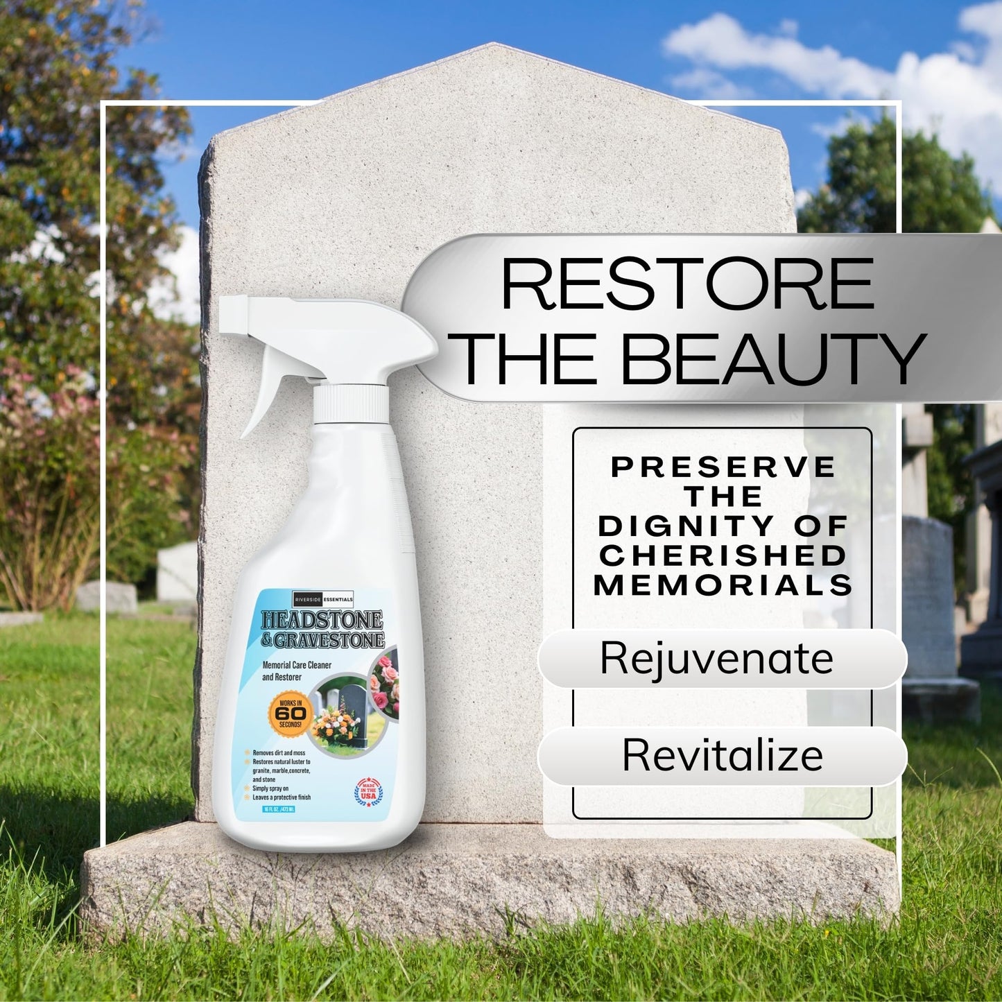 Riverside Essentials 16oz Headstone Cleaner for Graves, Tombstones & Headstones - Highly Effective Solution for Restoring and Protecting Memorials