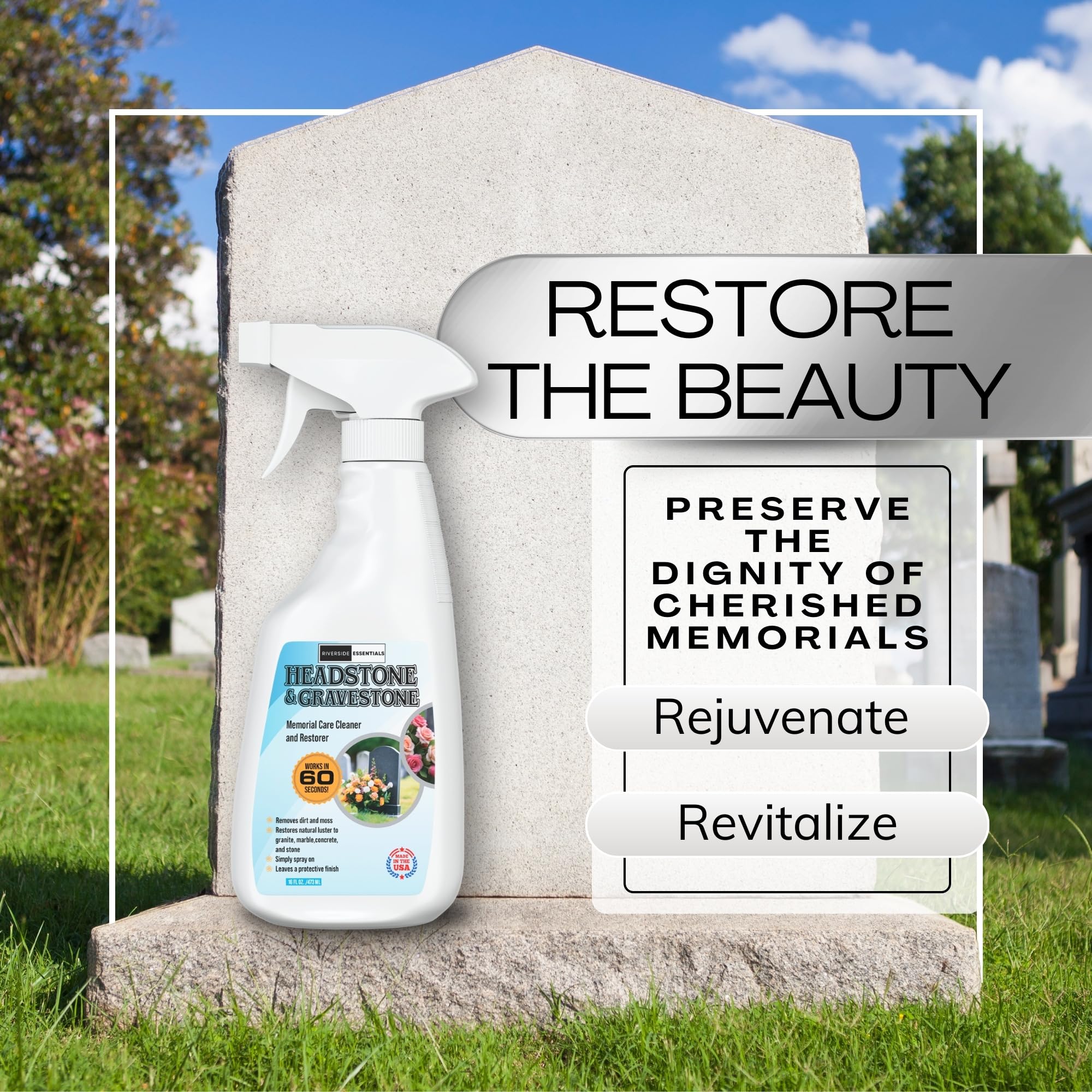 Riverside Essentials 16oz Headstone Cleaner for Graves, Tombstones & Headstones - Highly Effective Solution for Restoring and Protecting Memorials