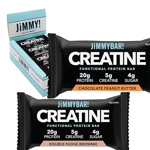 JiMMYBAR! Creatine Protein Bar Variety Pack, Chocolate Peanut Butter & Fudge Brownie, 20g Protein, 5g Creatine Per Bar, Ready-to-Eat Snack Food Bar