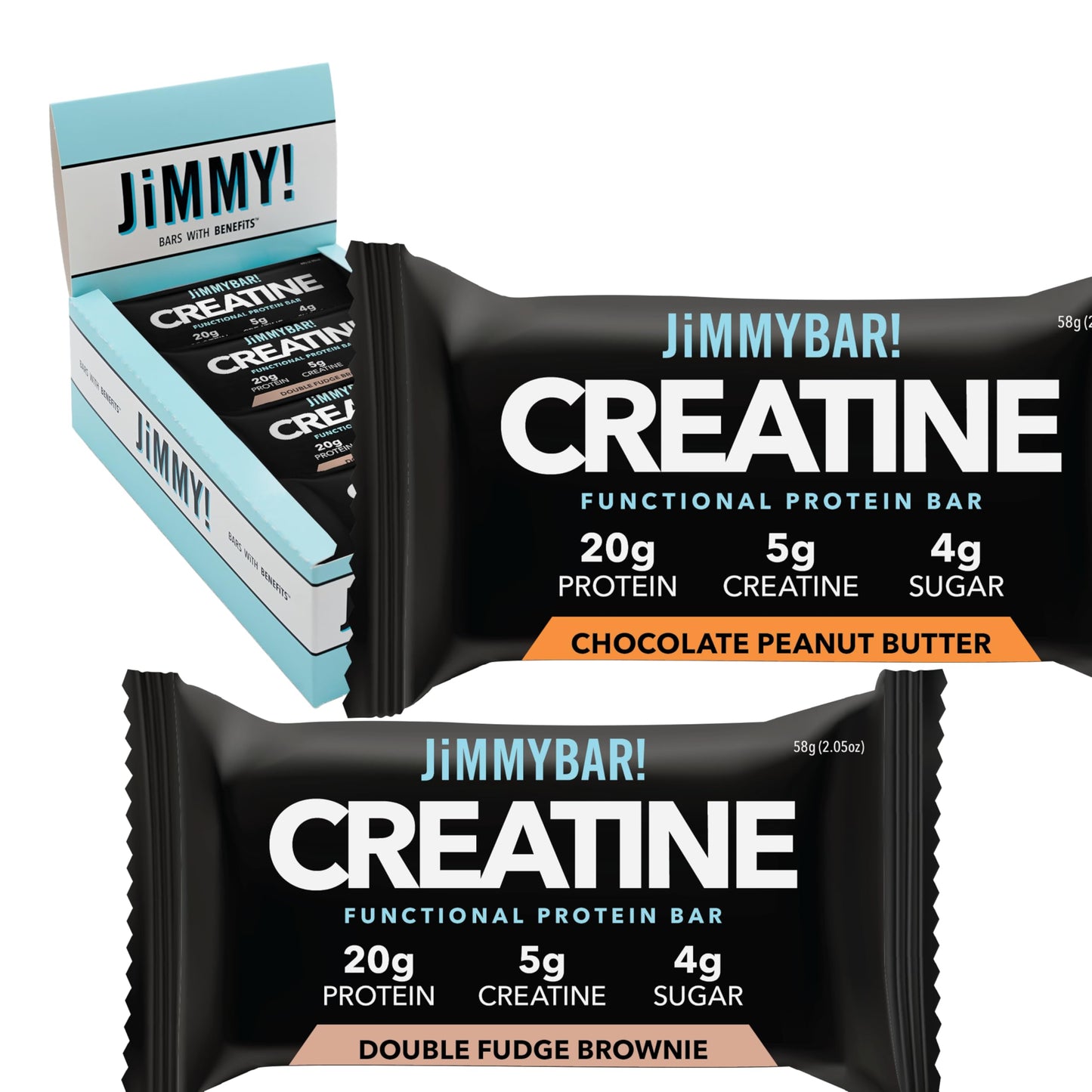 JiMMYBAR! Creatine Protein Bar Variety Pack, Chocolate Peanut Butter & Fudge Brownie, 20g Protein, 5g Creatine Per Bar, Ready-to-Eat Snack Food Bar