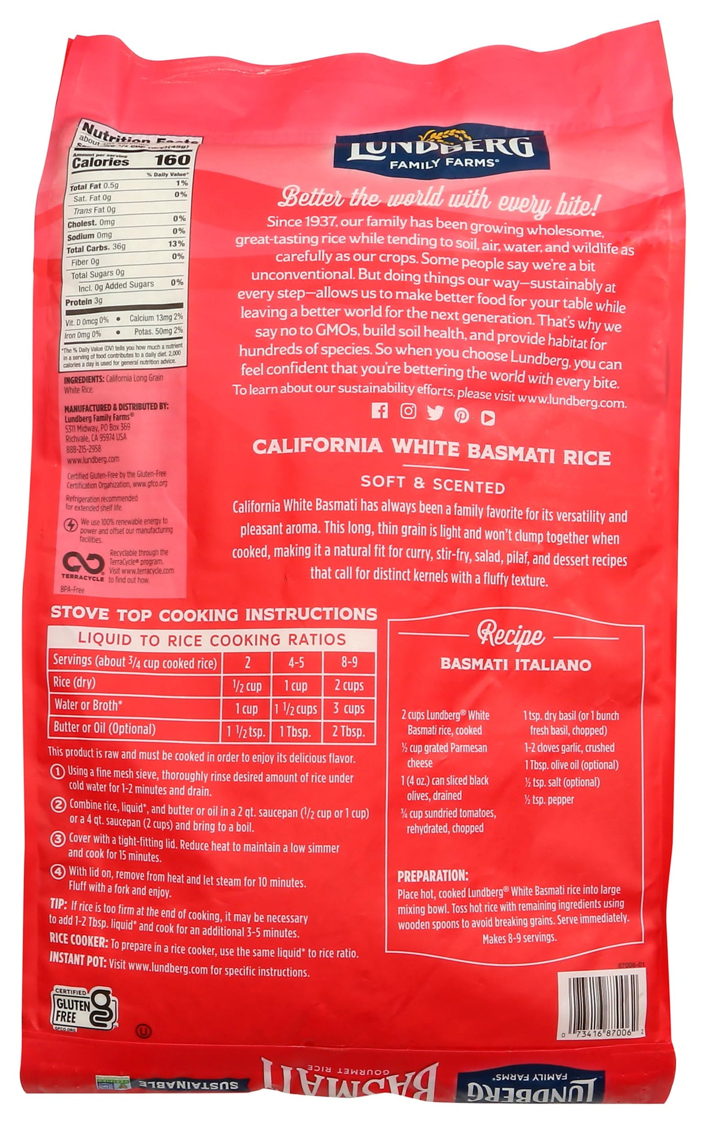 Lundberg Family Farms - White Basmati Rice, Premium Long Grain Bulk Rice, Non-Sticky Texture, California-Grown, Light Flavor, Pleasant Aroma, Gluten-Free, Non-GMO, Vegan, Kosher (10lb)