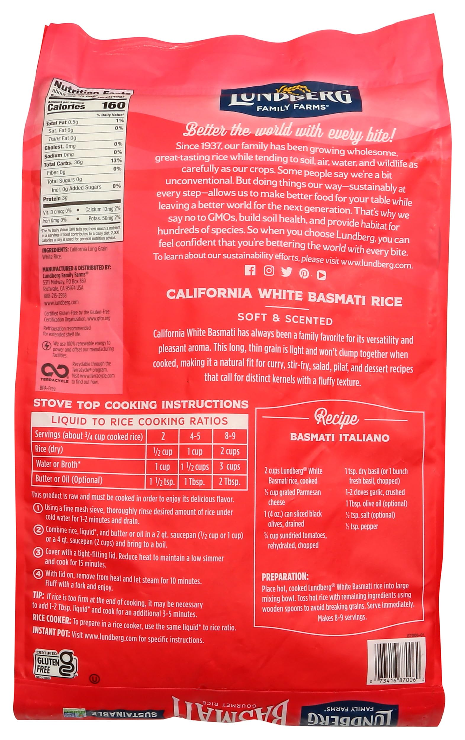 Lundberg Family Farms - White Basmati Rice, Premium Long Grain Bulk Rice, Non-Sticky Texture, California-Grown, Light Flavor, Pleasant Aroma, Gluten-Free, Non-GMO, Vegan, Kosher (10lb)
