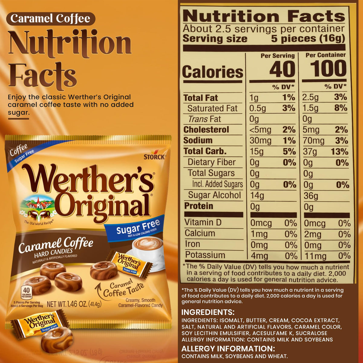 Werthers Original Sugar Free Hard Candy Assortment - Caramel, Chocolate & Coffee Flavors - Pack of 4 (1.46 oz) - Individually Wrapped Zero Sugar