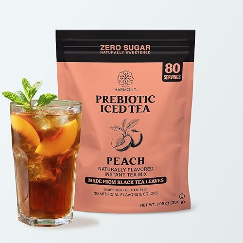 Harmony Matcha Prebiotic Black Tea Peach Flavor - Iced Tea Drink Mix with Plant Fiber for Gut Health, Gluten Free, Caffeinated, Zero Sugar, 7oz Bag