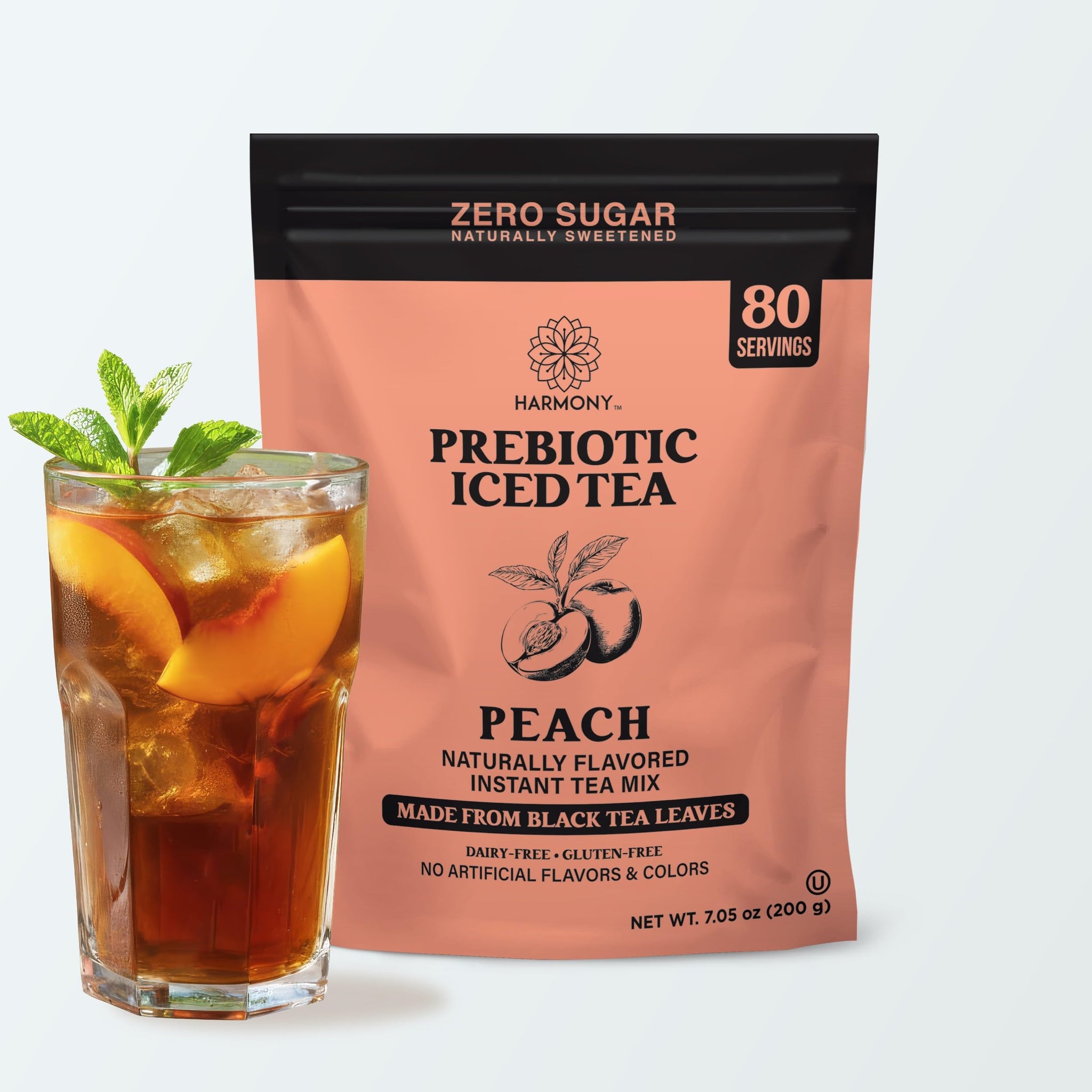 Harmony Matcha Prebiotic Black Tea Peach Flavor - Iced Tea Drink Mix with Plant Fiber for Gut Health, Gluten Free, Caffeinated, Zero Sugar, 7oz Bag