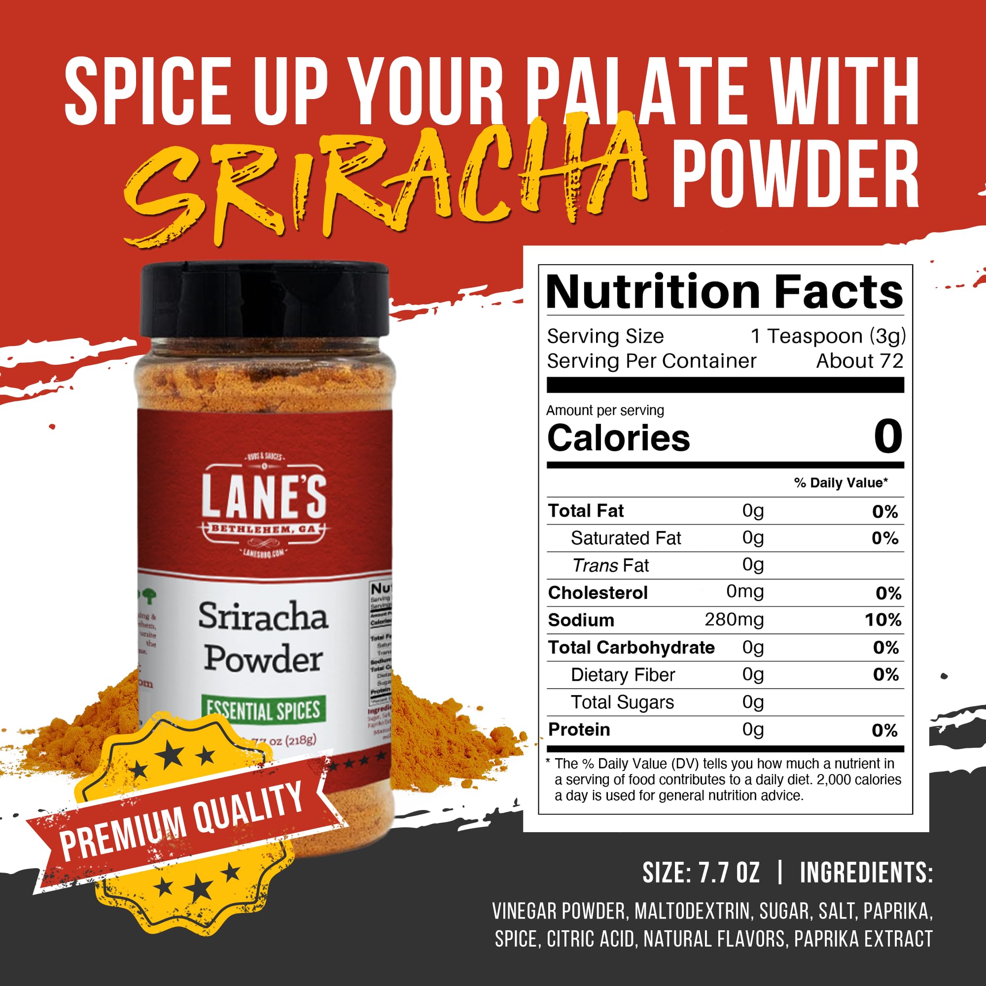 Lane's Sriracha Seasoning Powder, All-Natural Sriracha Powder Seasonings and Spices for Cooking, Goes Well with Meat & Vegetables, Made in USA, 7.7 Oz