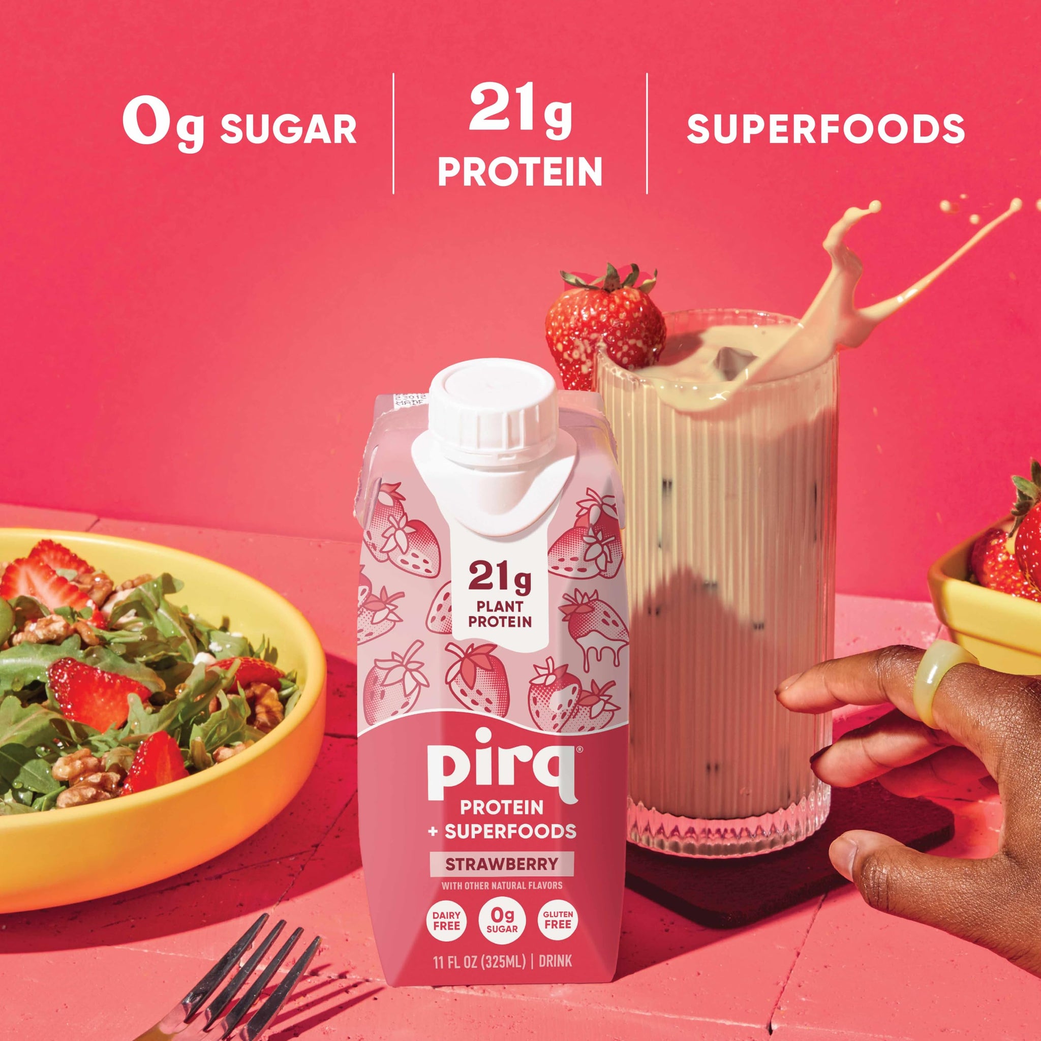 Pirq Plant Based Protein Shake, 21g Vegan Protein, 25 Superfoods, Zero Sugar, Dairy-Free, Gluten-Free, and Soy-Free, (12 Pack, Strawberry)