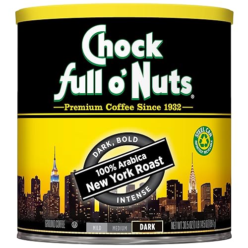 Chock Full o' Nuts New York Roast Ground Coffee - Premium Beans in Recyclable Steel Can - Rich Flavor & Aroma, Dark Roast - Perfect for Drip