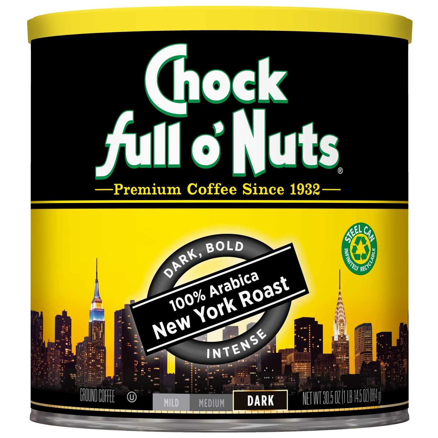 Chock Full o' Nuts New York Roast Ground Coffee - Premium Beans in Recyclable Steel Can - Rich Flavor & Aroma, Dark Roast - Perfect for Drip